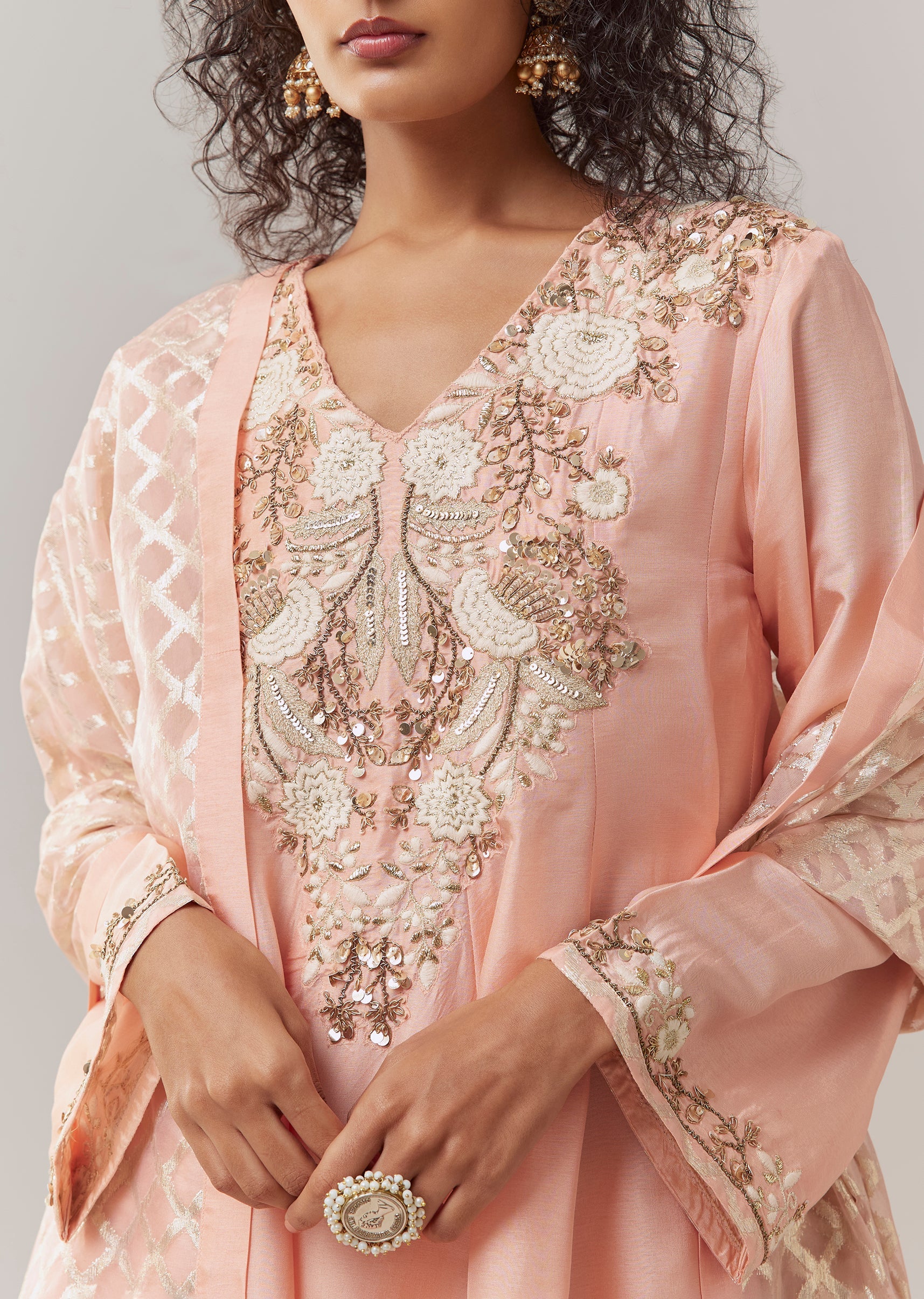 Pink Silk Sequin Work Kurta Sharara Set - Image 2