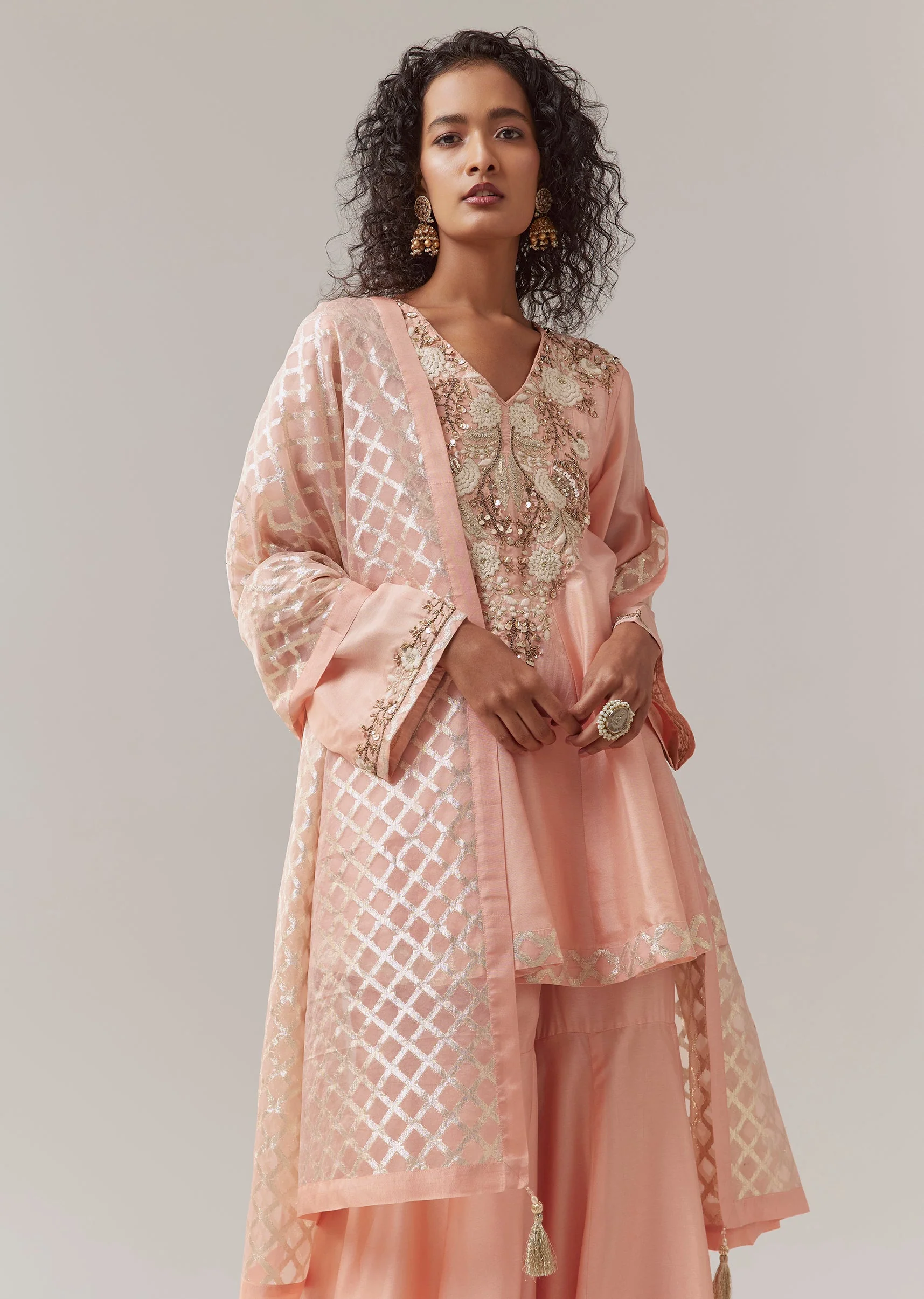 Pink Silk Sequin Work Kurta Sharara Set - Image 4