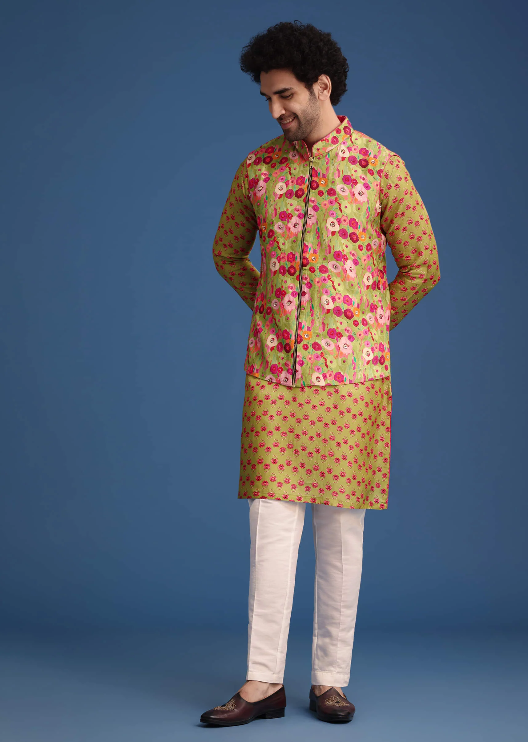 Green Silk Surreal Printed Kurta Jacket Set - Image 2