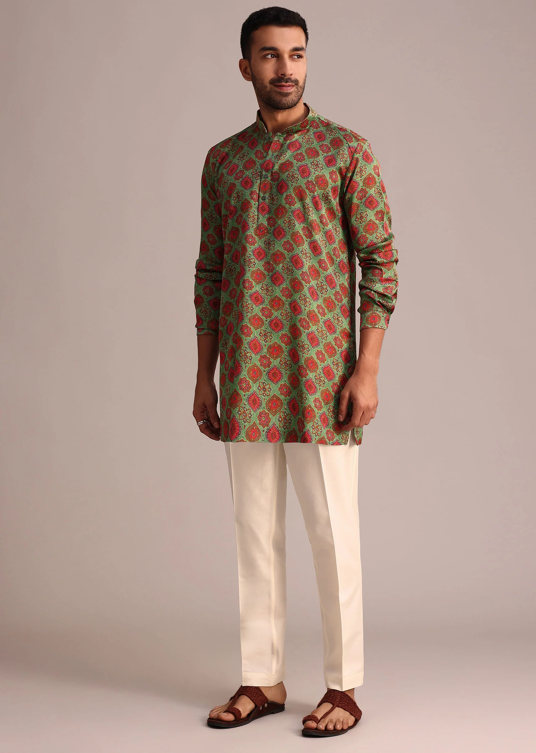Green Symmetrical Printed Kurta - Image 3