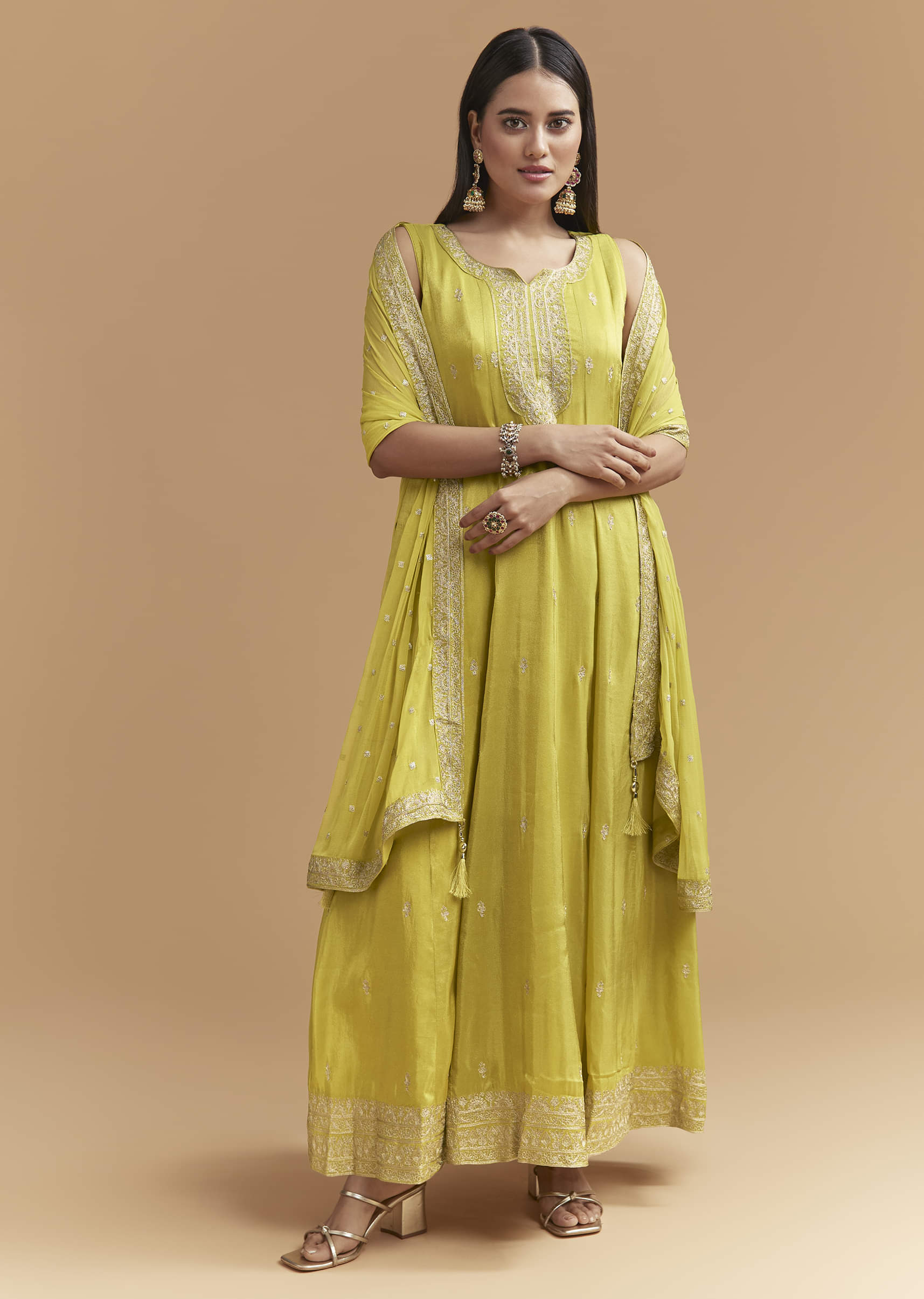 Green Tissue Anarkali Suit With Intricate Zari Work - Image 3