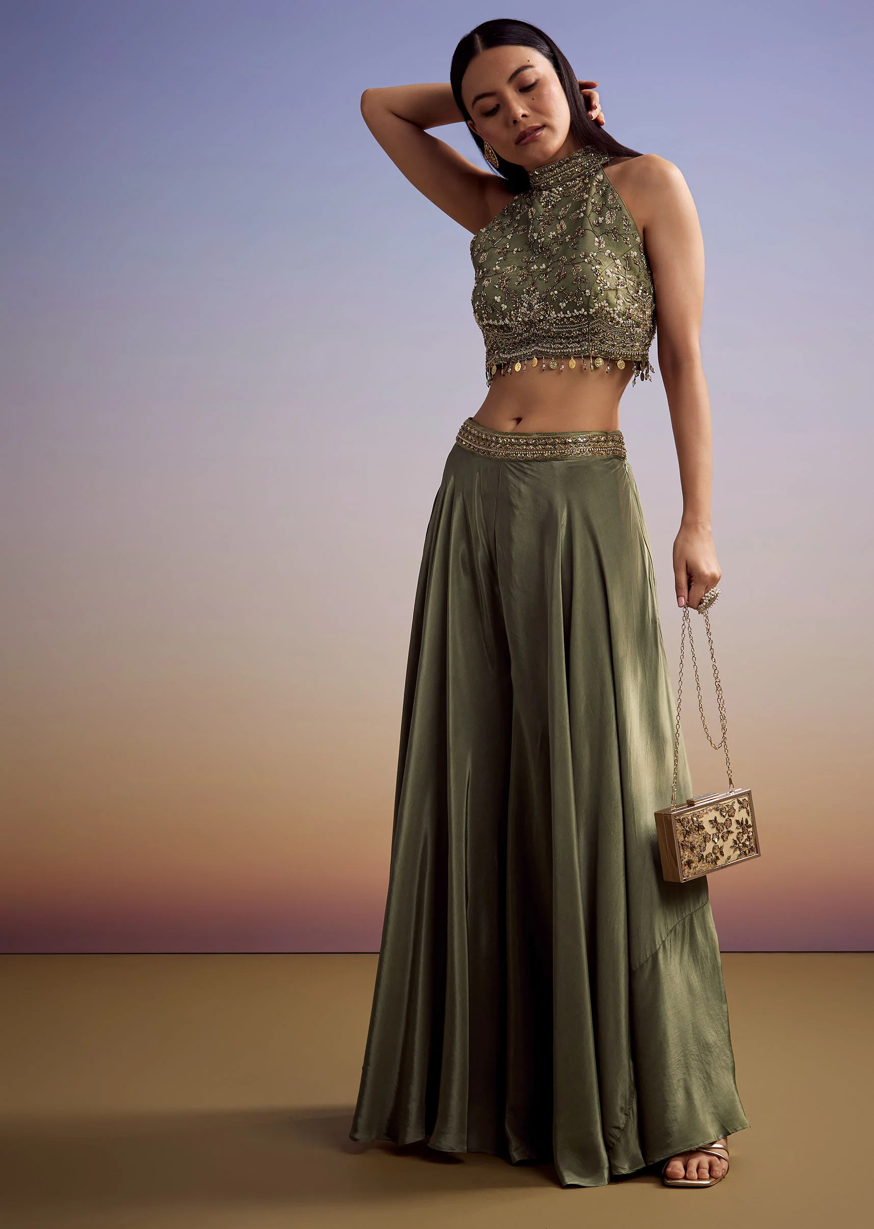 Green Tissue Crop Top Set With Embroidery - Image 3