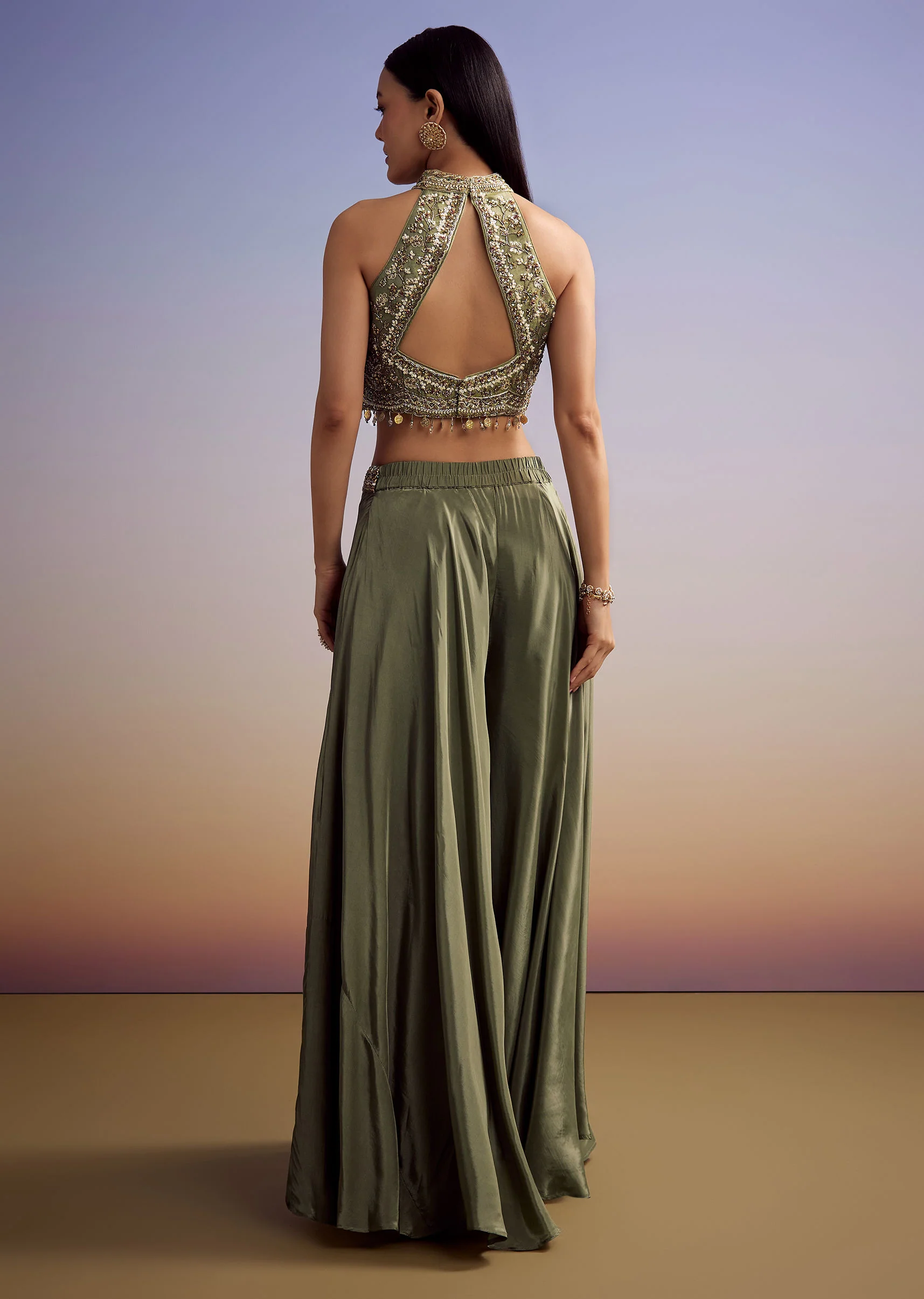 Green Tissue Crop Top Set With Embroidery - Image 5