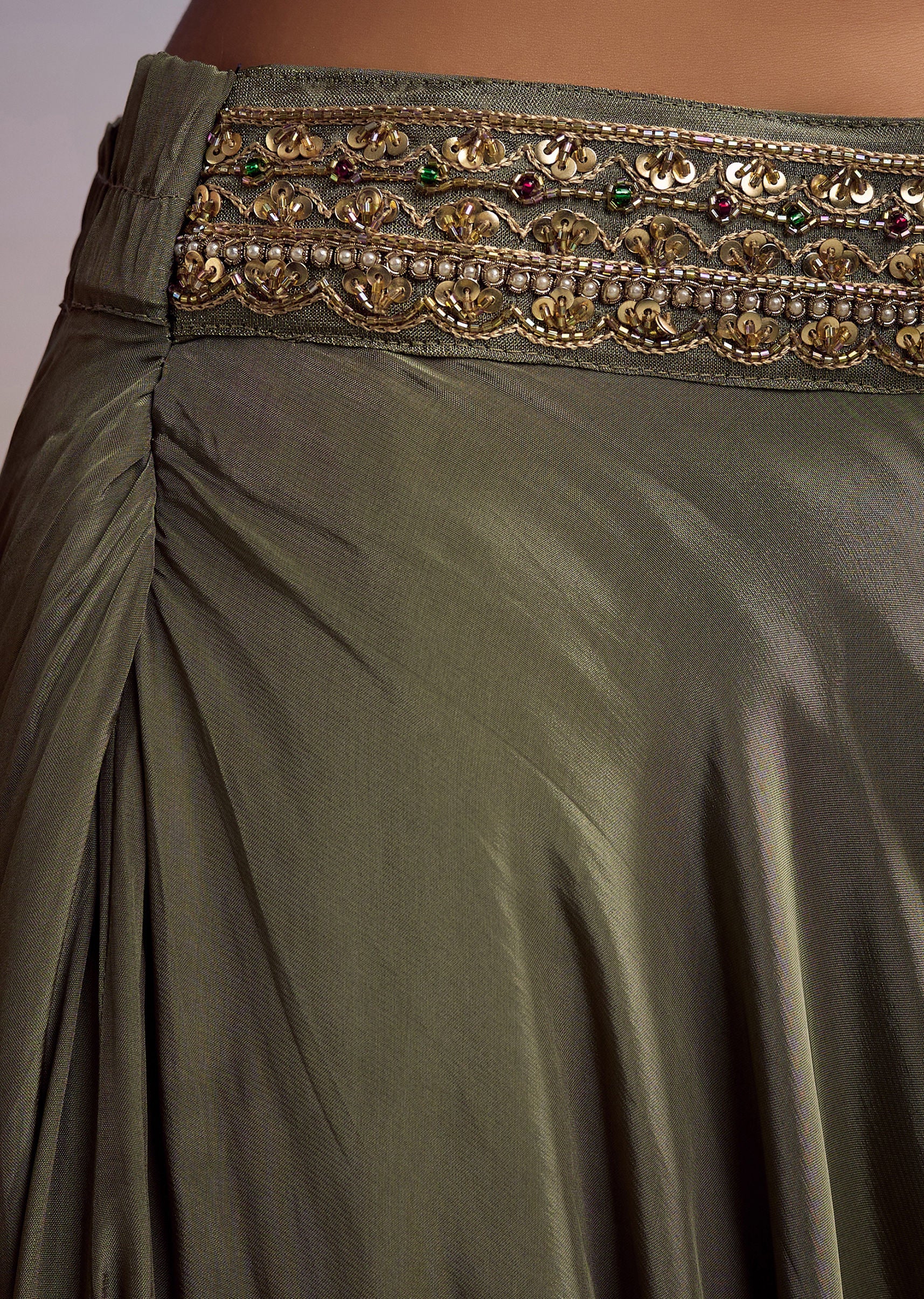 Green Tissue Crop Top Set With Embroidery - Image 6