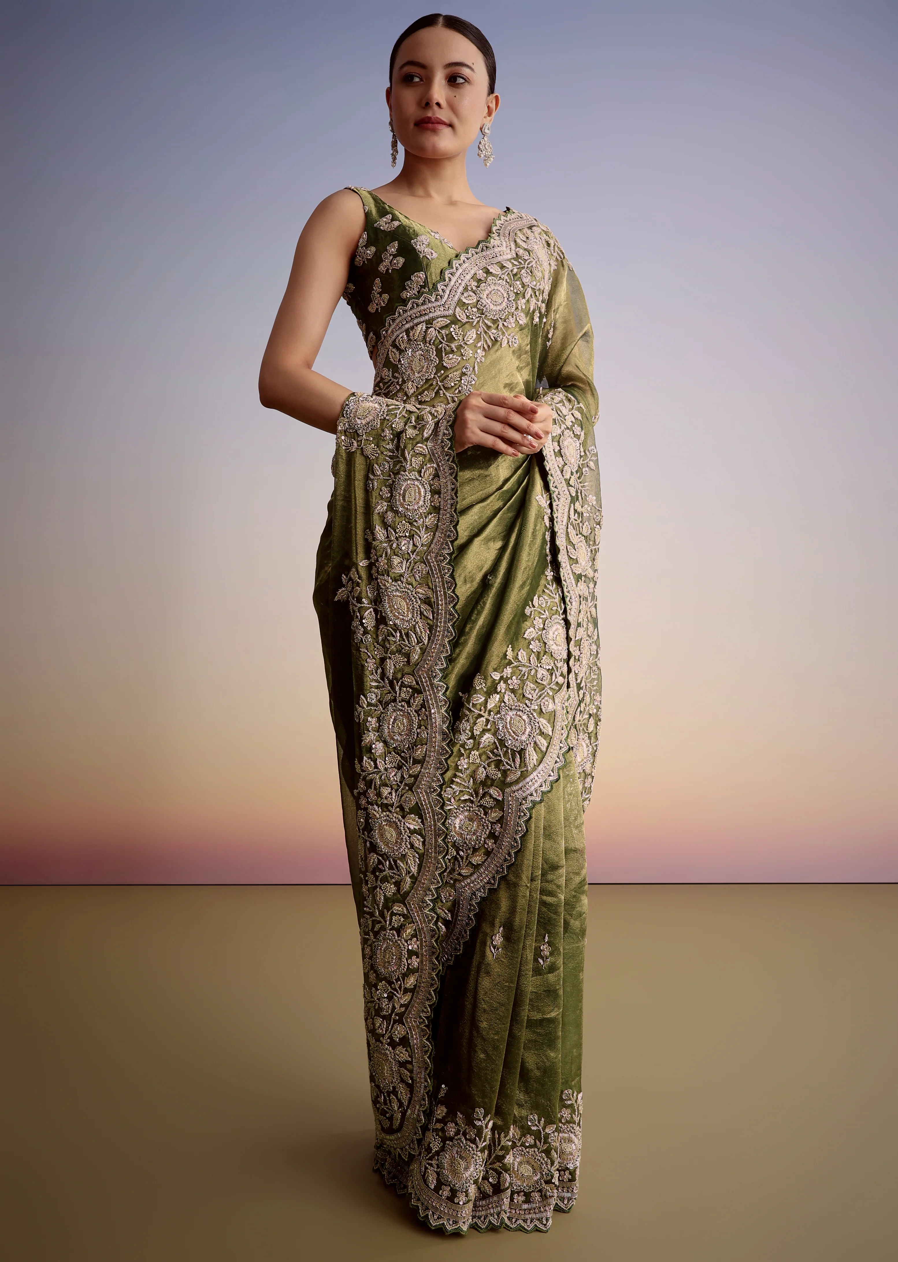 Green Tissue Elegance Couple Set – Olive Green Tissue Saree for Her And Green Tissue Kurta Set for Him - Image 3