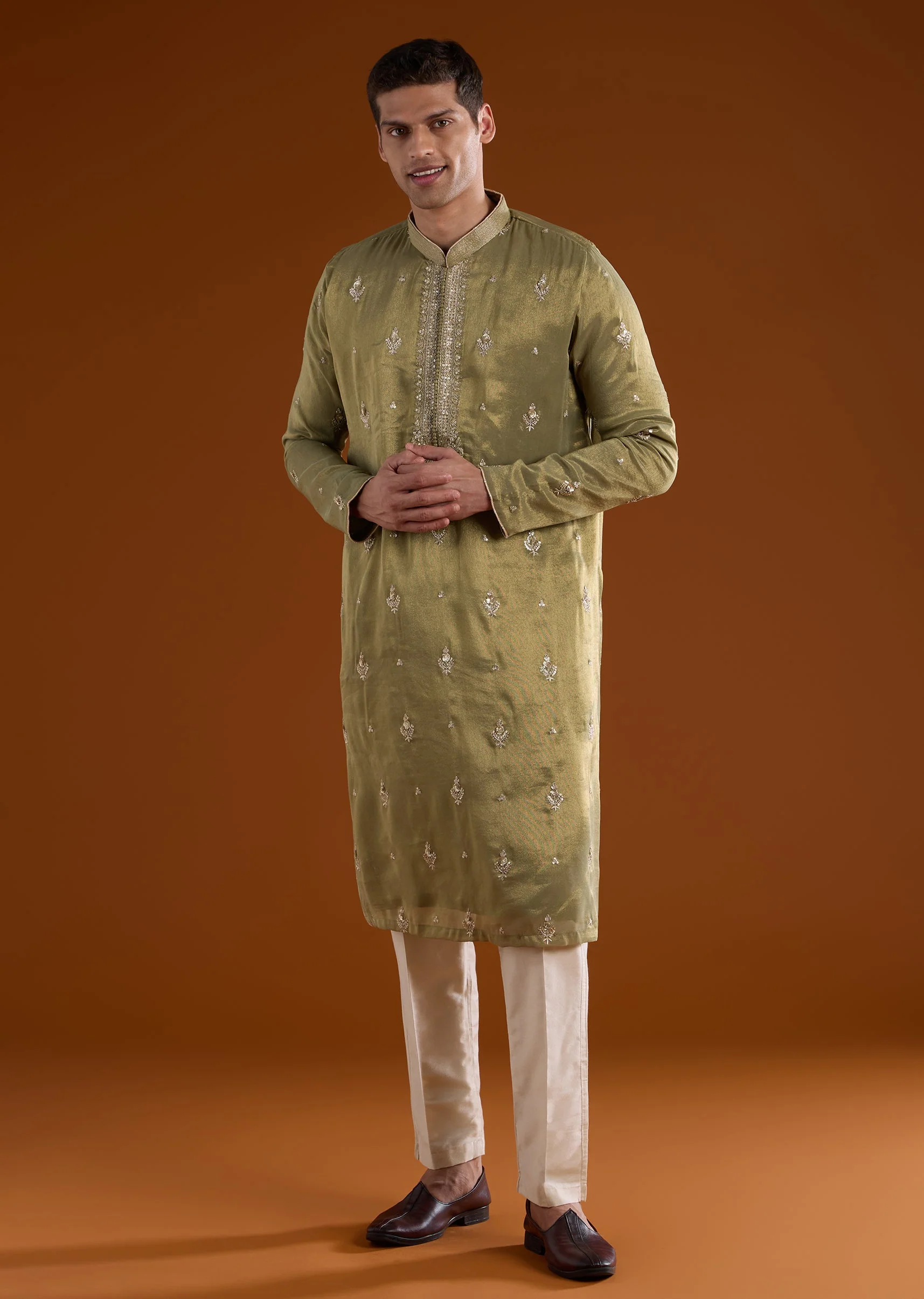 Green Tissue Mens Kurta Set With Thread Sequins And Zardosi Work