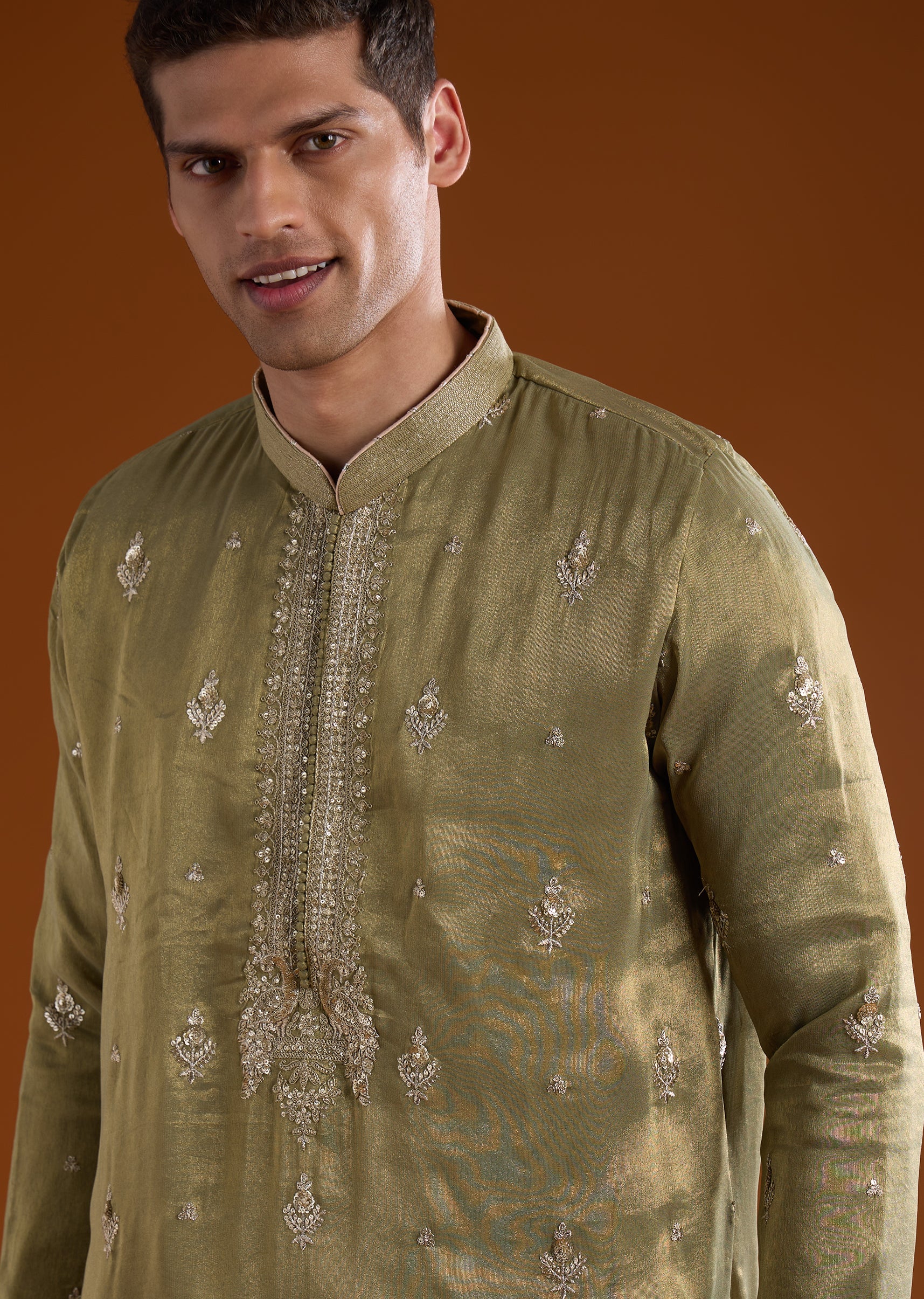 Green Tissue Mens Kurta Set With Thread Sequins And Zardosi Work - Image 2