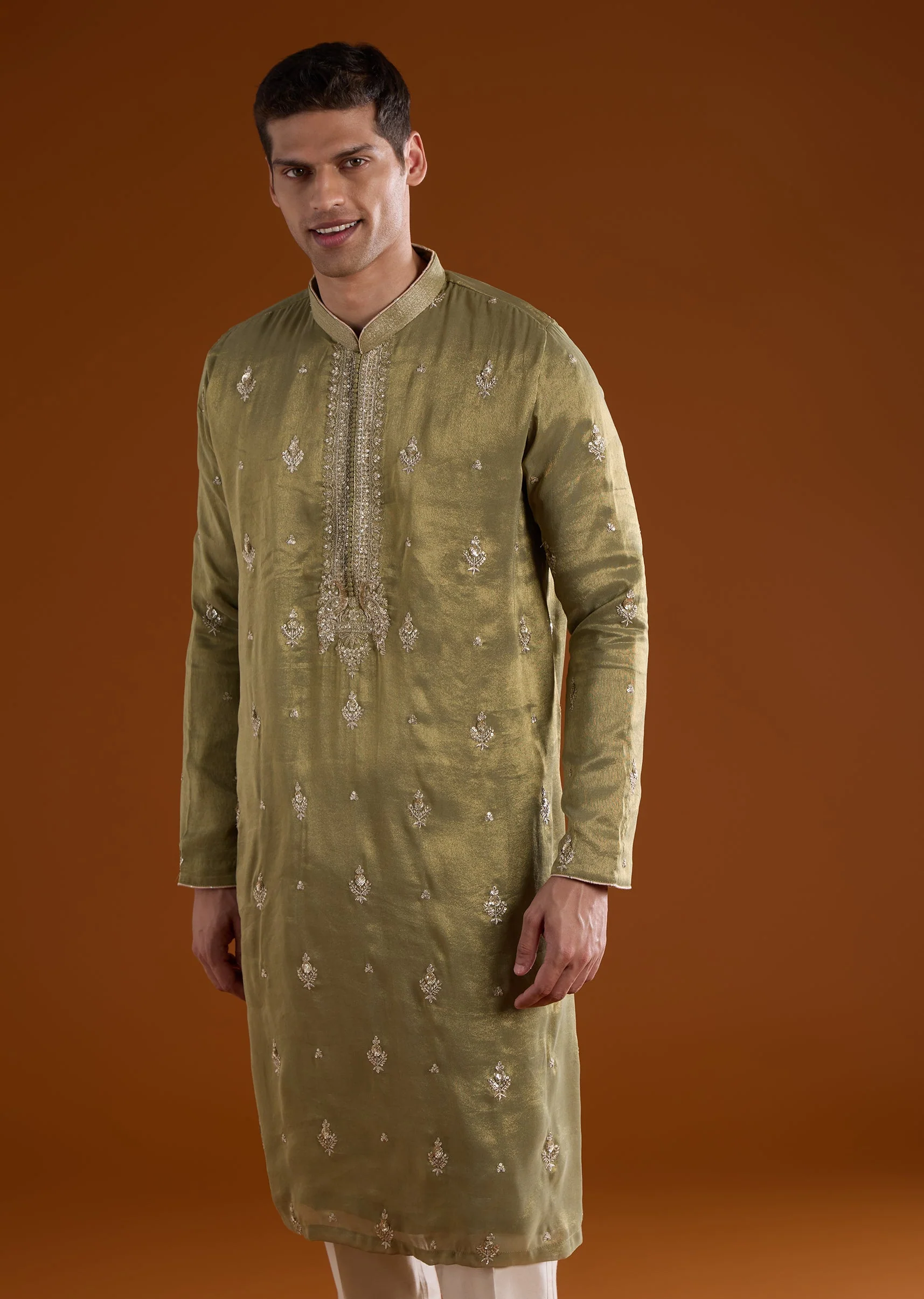 Green Tissue Mens Kurta Set With Thread Sequins And Zardosi Work - Image 4