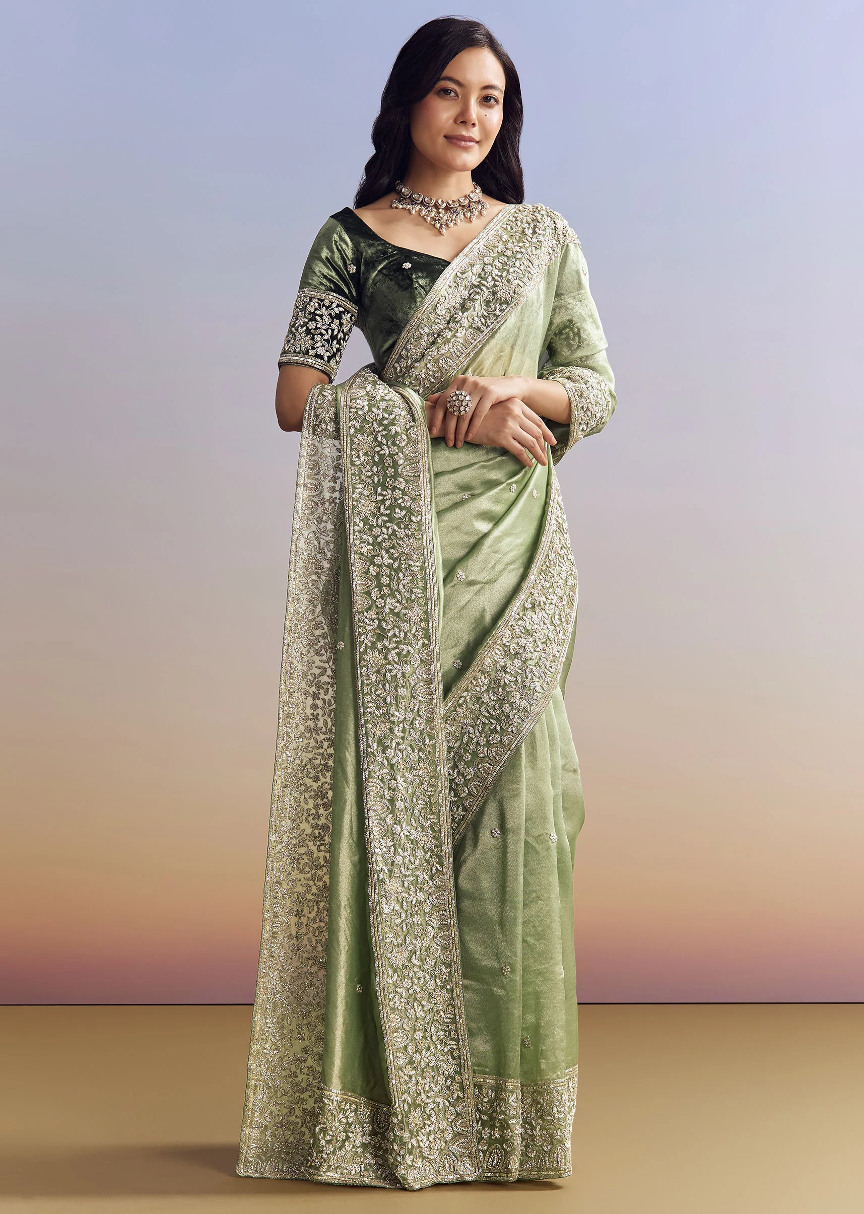 Green Tissue Saree With Velvet Blouse And Richly Embroidered Borders - Image 3