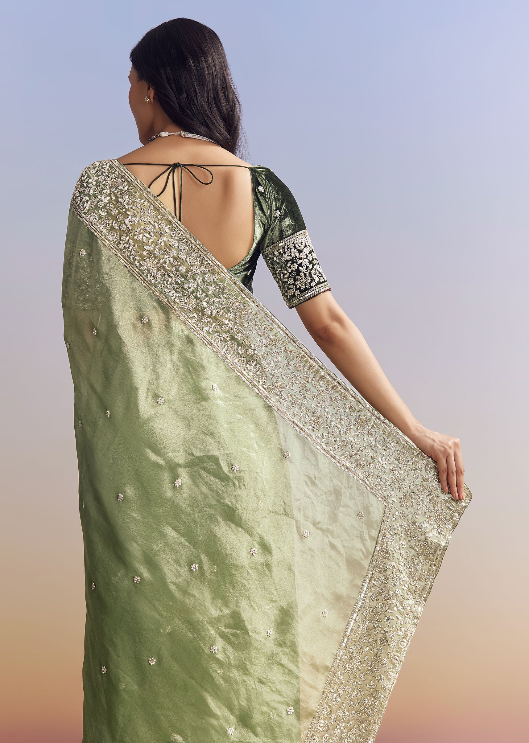 Green Tissue Saree With Velvet Blouse And Richly Embroidered Borders - Image 4