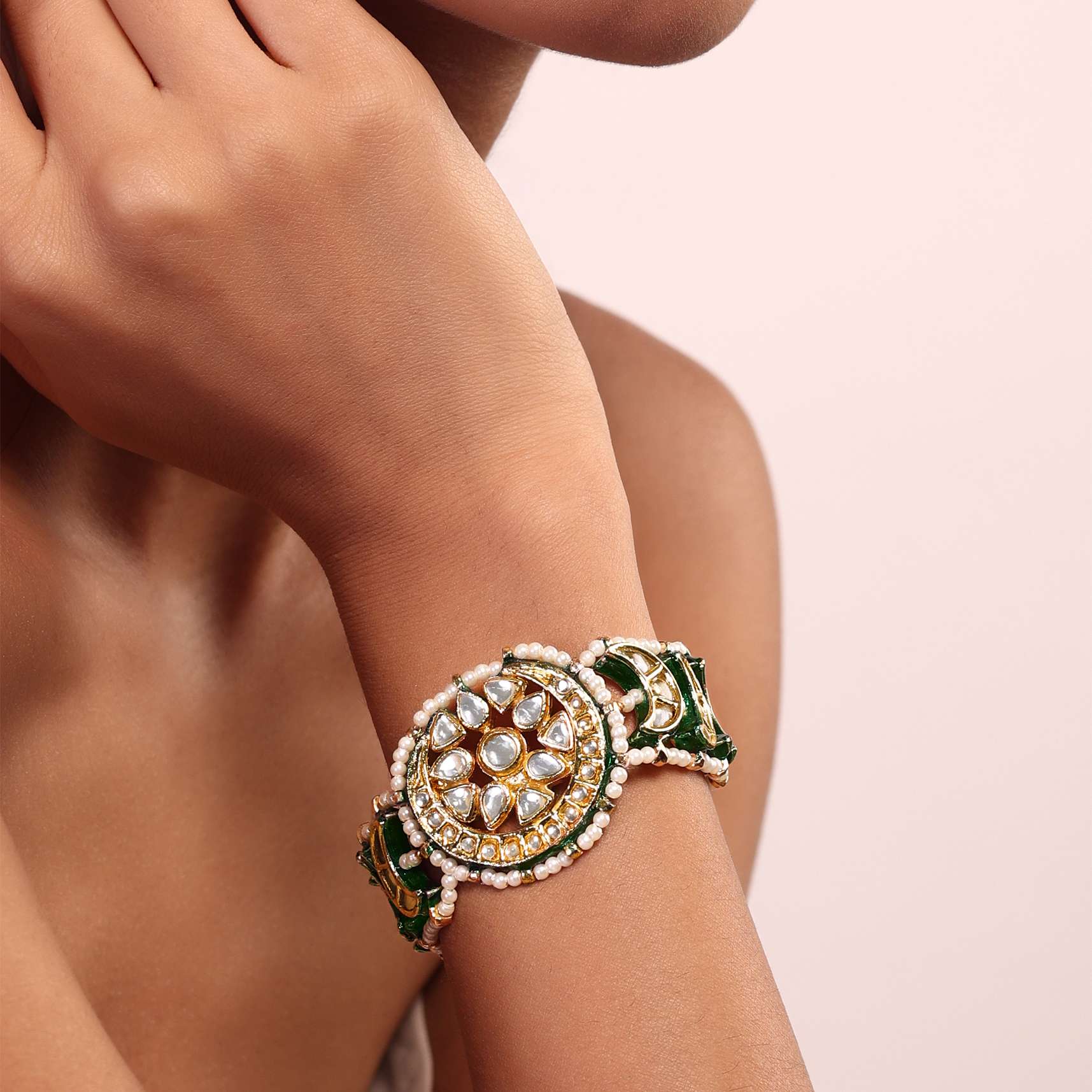 Green Toned Kundan And Pearl Bracelet - Image 2