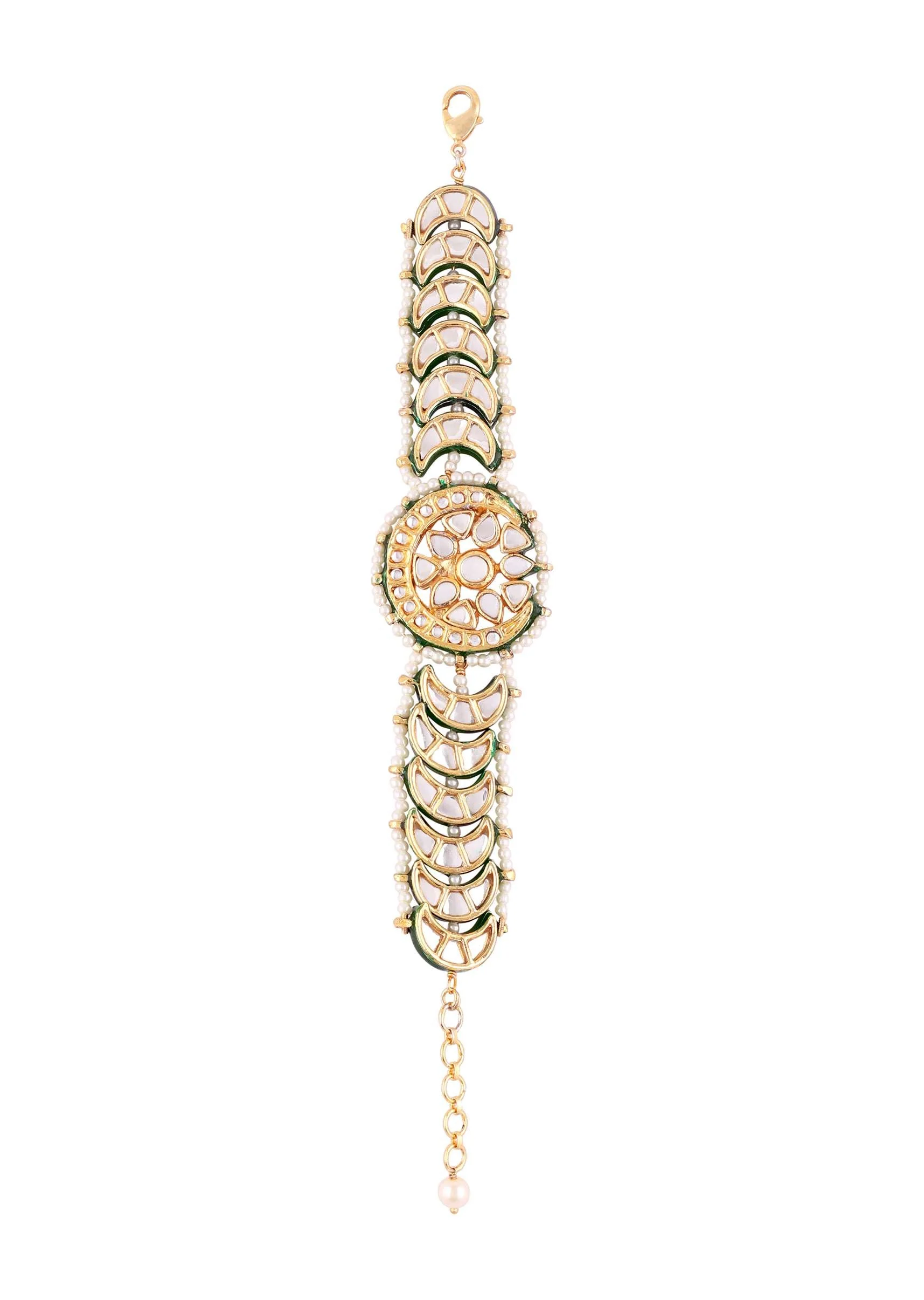 Green Toned Kundan And Pearl Bracelet - Image 3