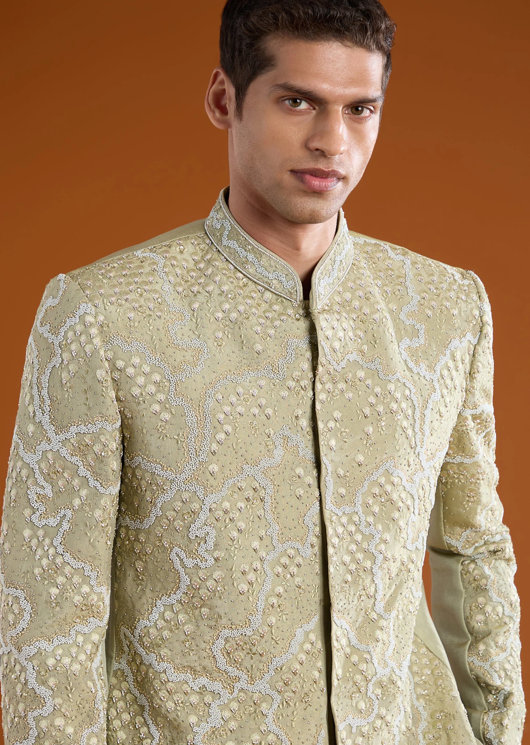 Green Tussar Jodhpuri Set with Cutdana Work - Image 2