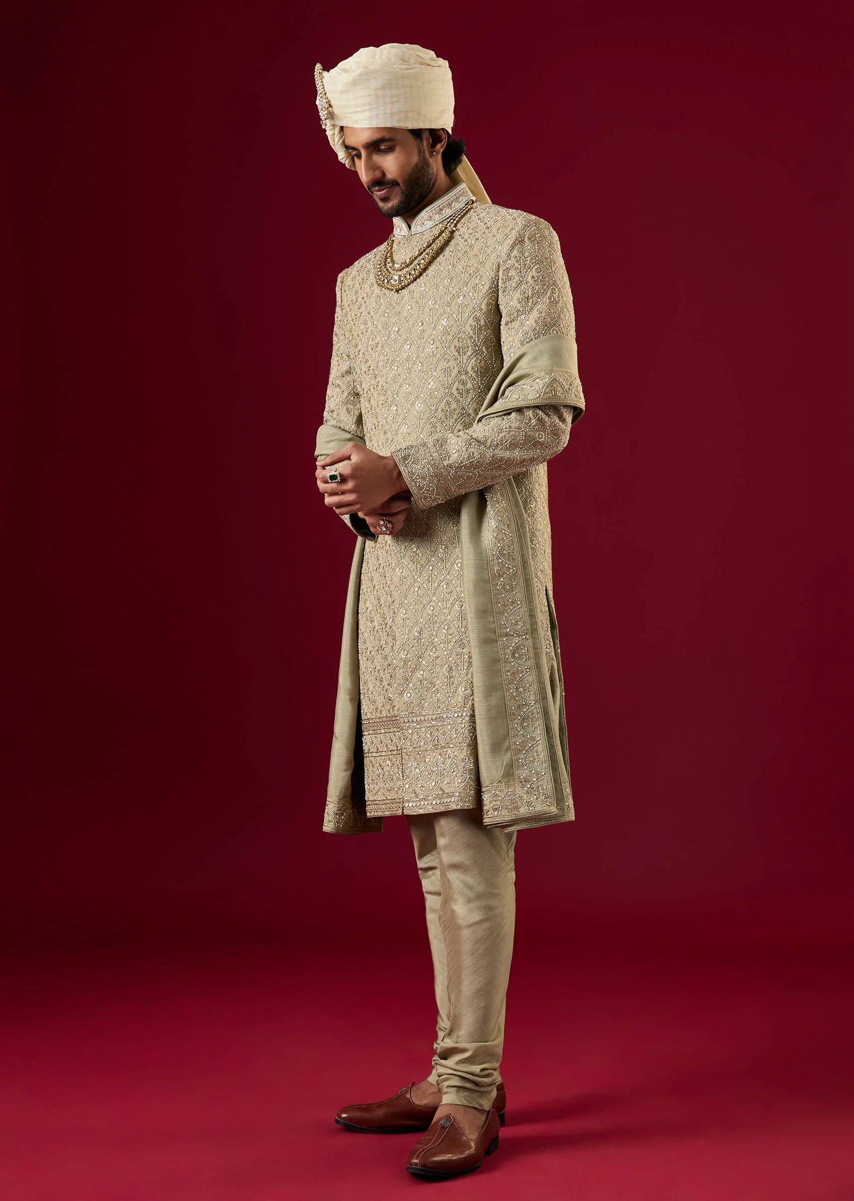Green Tussar Sherwani Set With Zardosi Work - Image 3