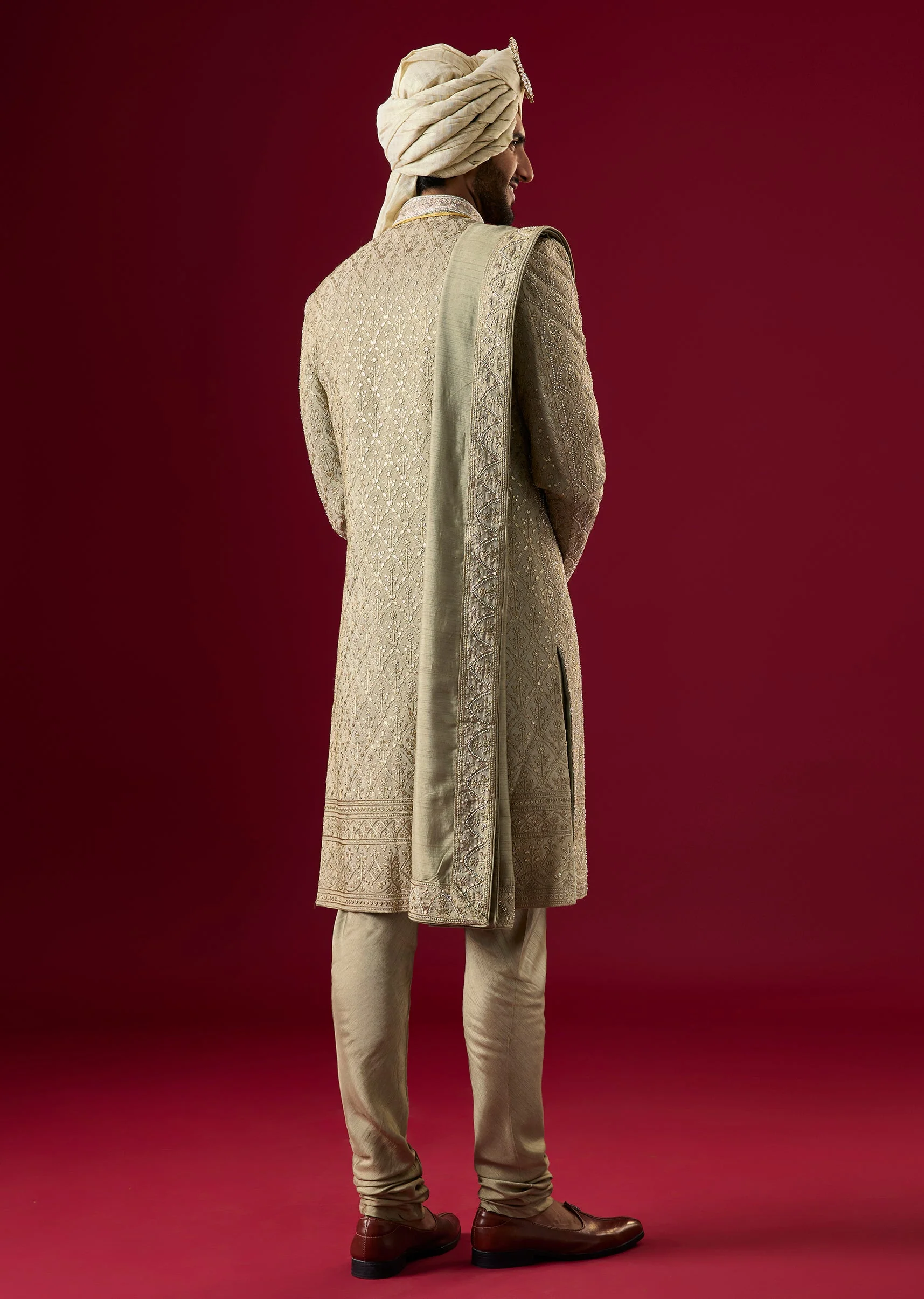Green Tussar Sherwani Set With Zardosi Work - Image 6