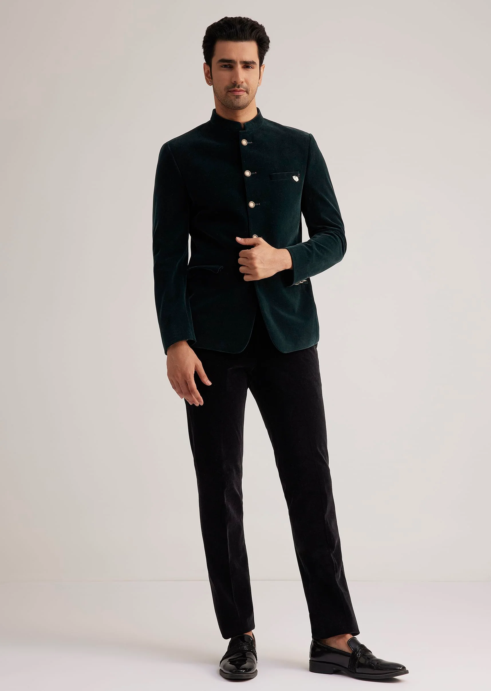 Green Velvet Jodhpuri Suit With Pocket Square - Image 2