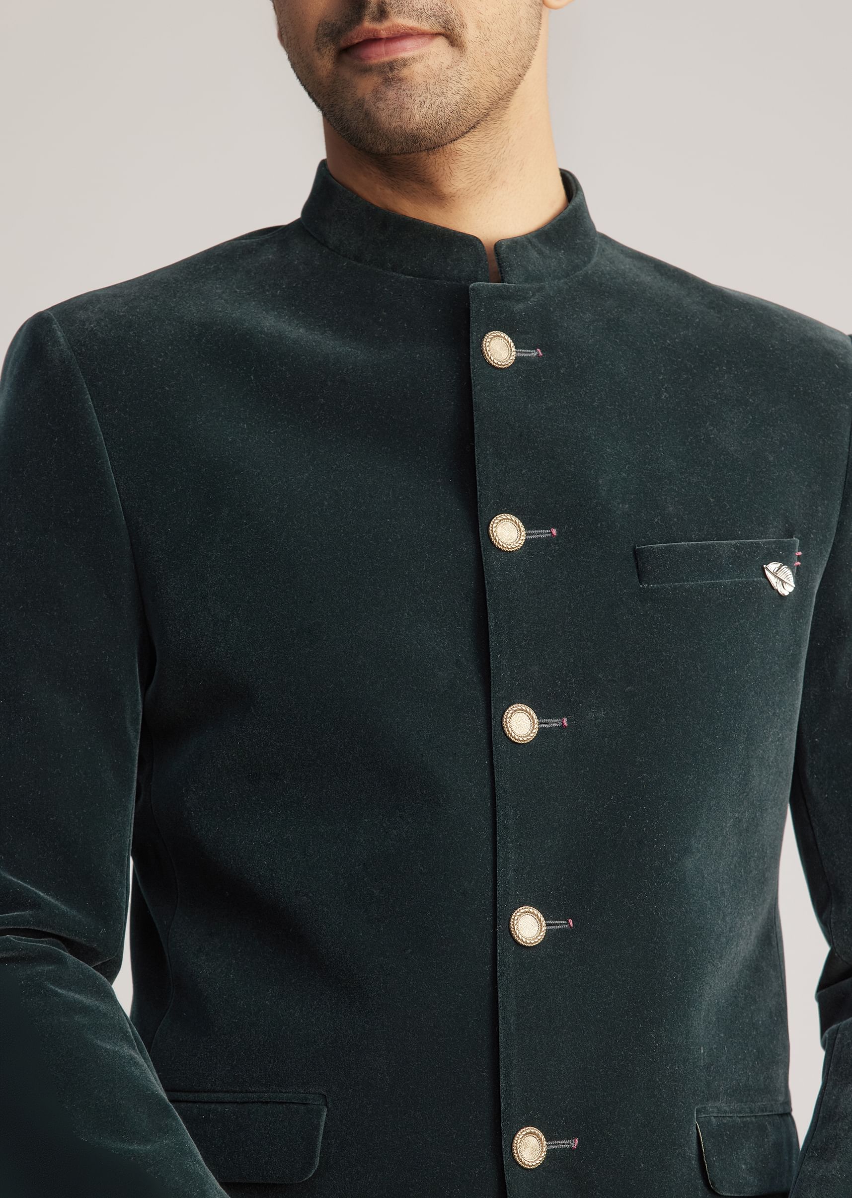 Green Velvet Jodhpuri Suit With Pocket Square - Image 3