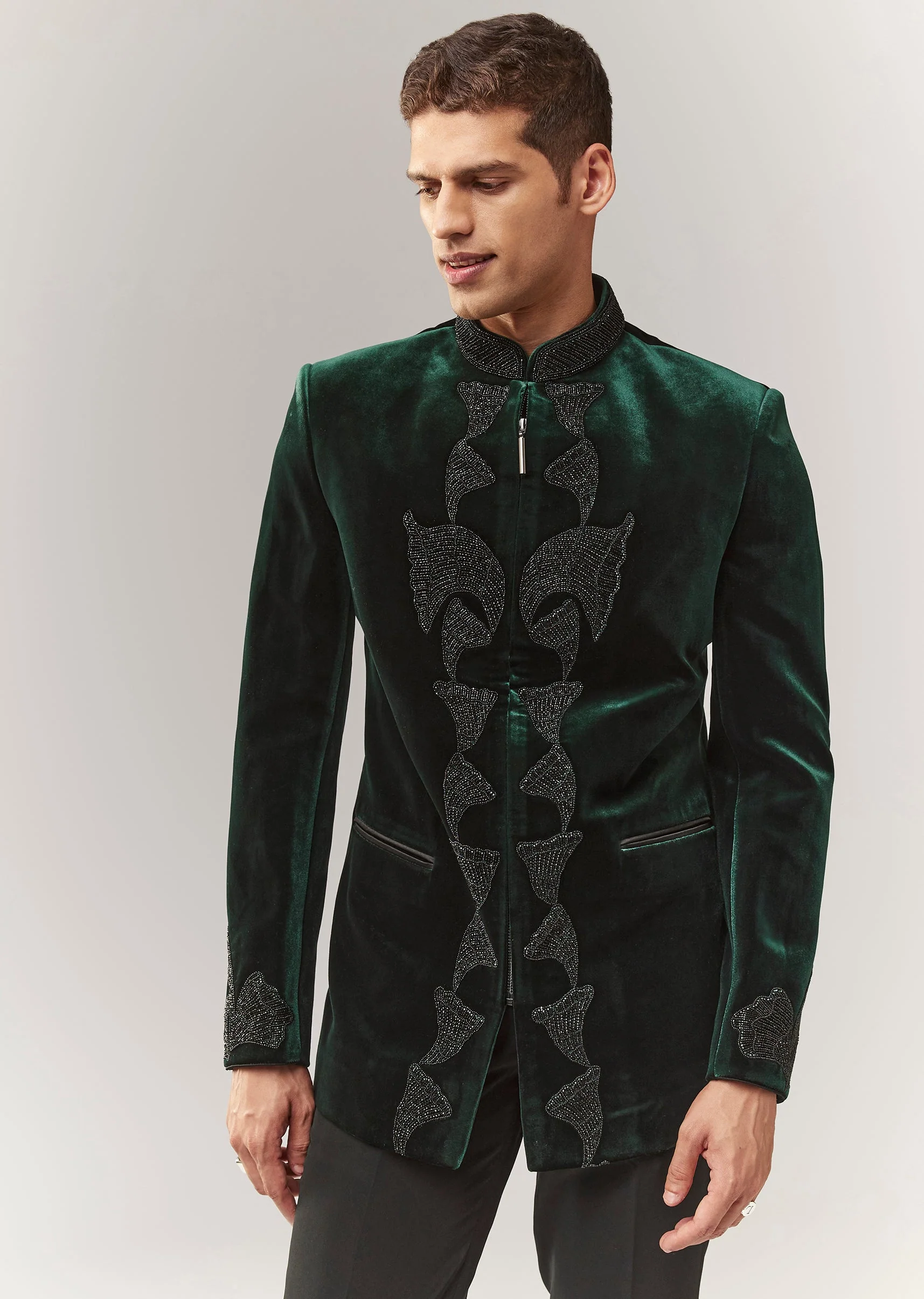 Green Velvet Jodhpuri With Cutdana Work - Image 4