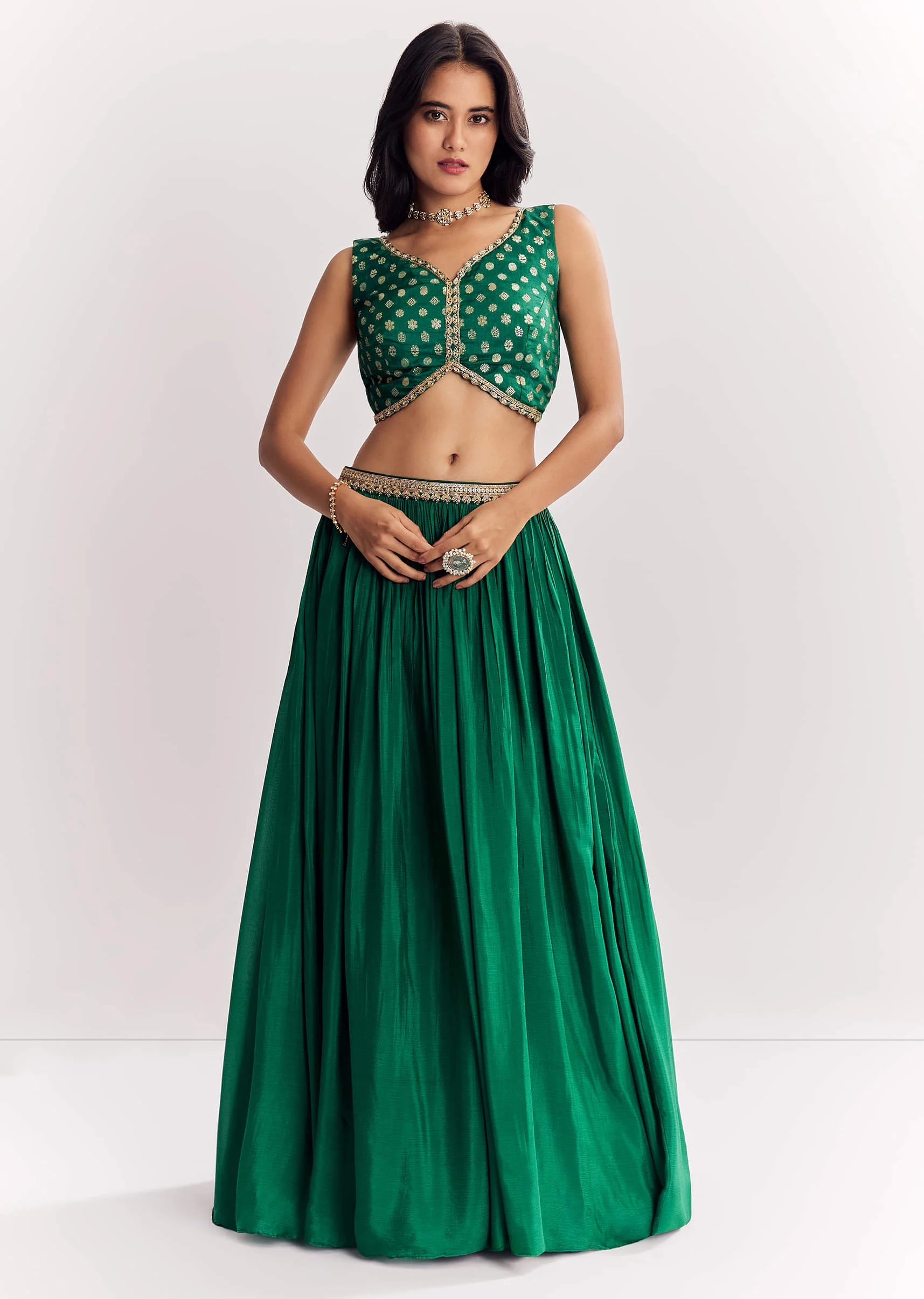 Green Weave Silk Indowestern Skirt Set With Bandhani Print Zari Work Jacket - Image 6
