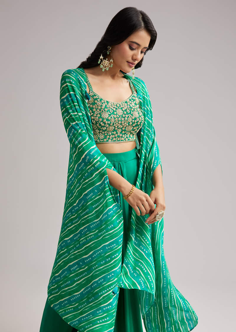 Green Zardosi Cape Set With Crop Top And Skirt - Image 3