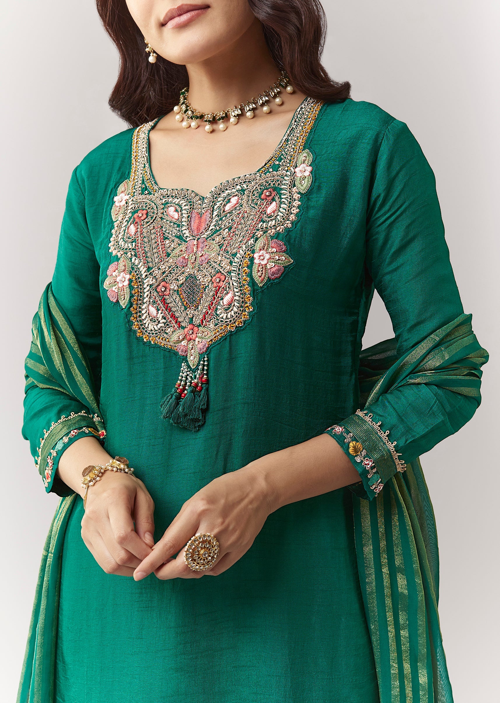 Green Zardosi Threadwork Kurta Palazzo Set With Dupatta - Image 2