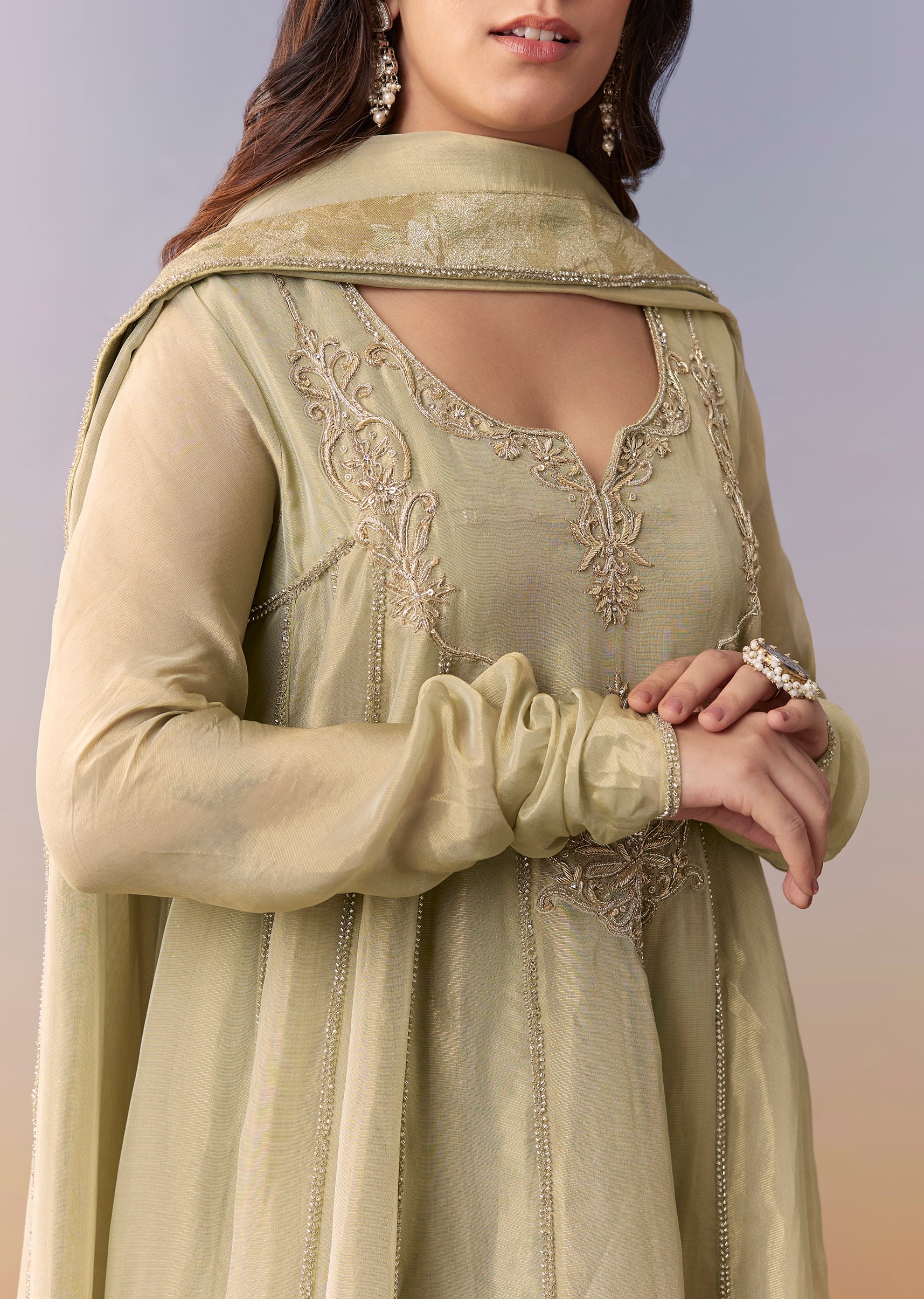 Green Zardosi Tissue Anarkali Suit Set With Pant And Dupatta - Image 2