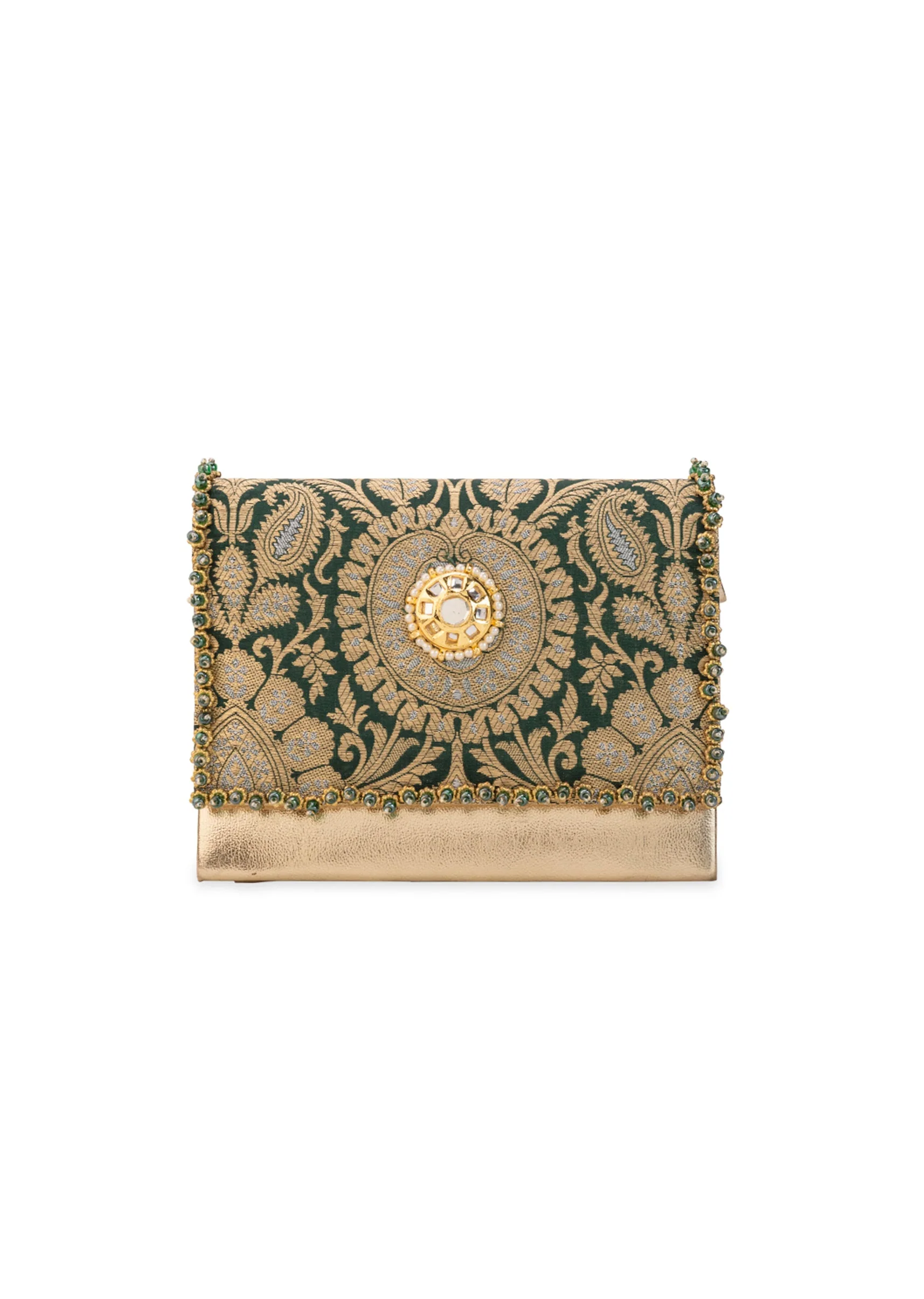 Green Zari and Kundan Encrusted Rectangular Flap Bag - Image 2