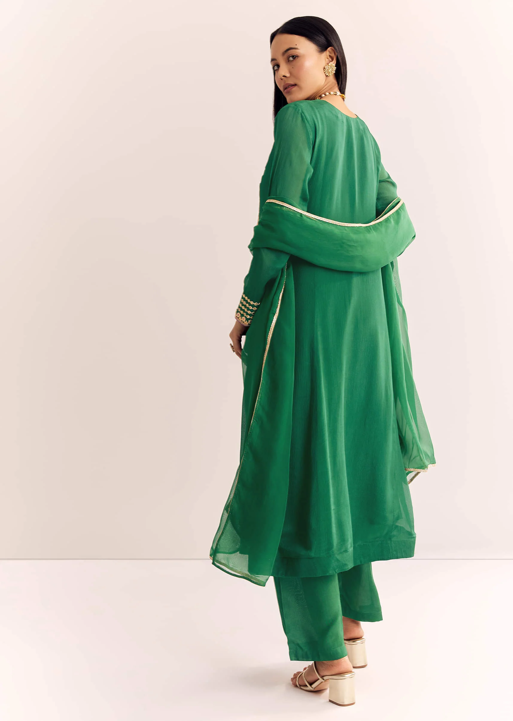 Green Zari Neckline Chinon Anarkali Suit With Dupatta - Image 5