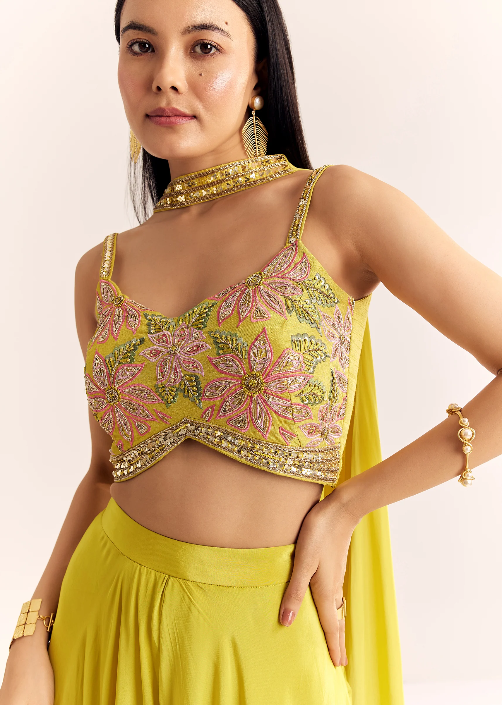 Greenish Yellow Crepe Croptop Dupatta And Palazzo Suit With Resham Zardosi Work - Image 2