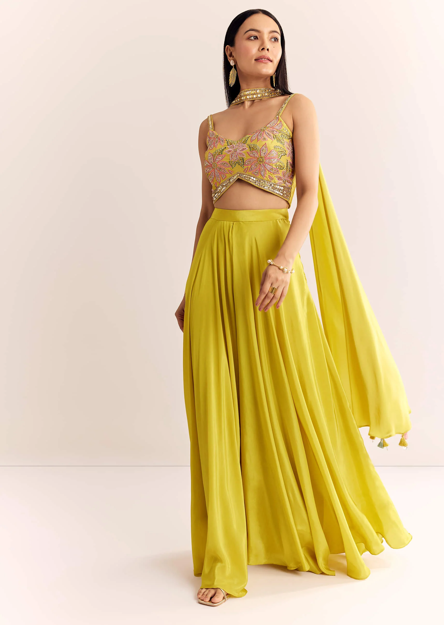 Greenish Yellow Crepe Croptop Dupatta And Palazzo Suit With Resham Zardosi Work - Image 3