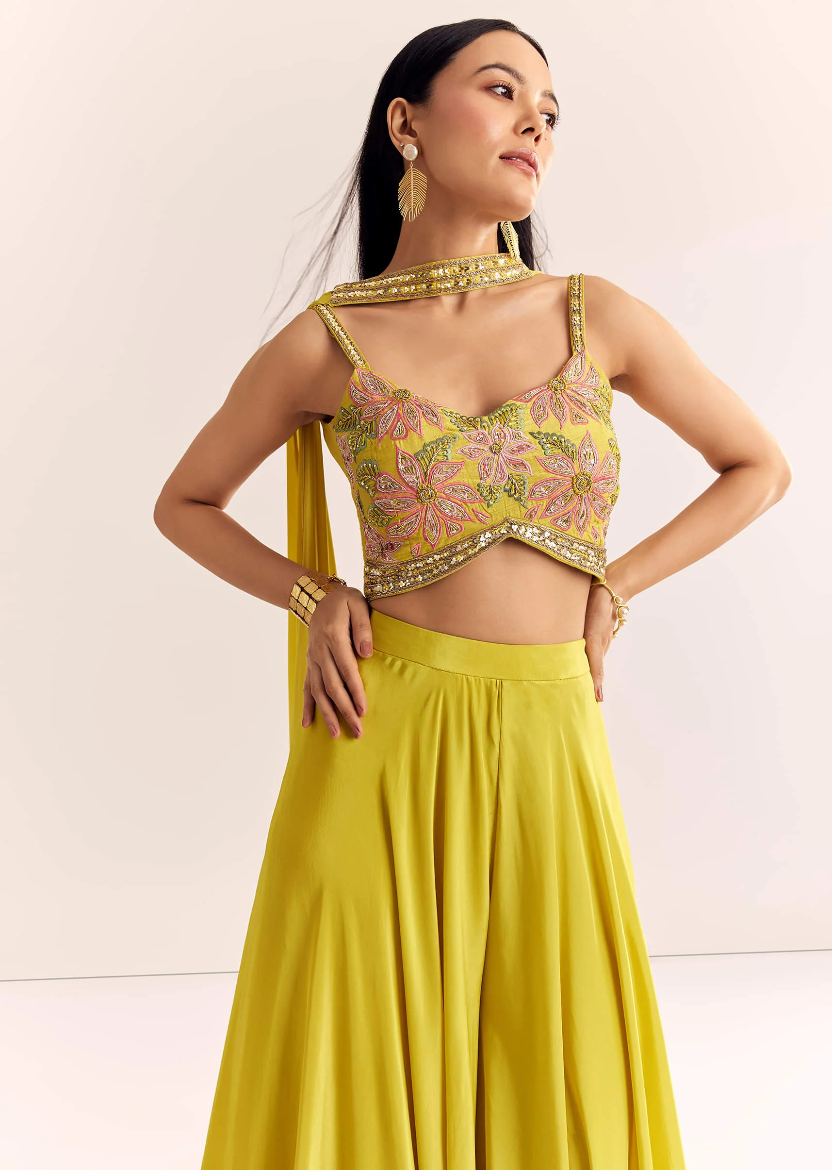 Greenish Yellow Crepe Croptop Dupatta And Palazzo Suit With Resham Zardosi Work - Image 4