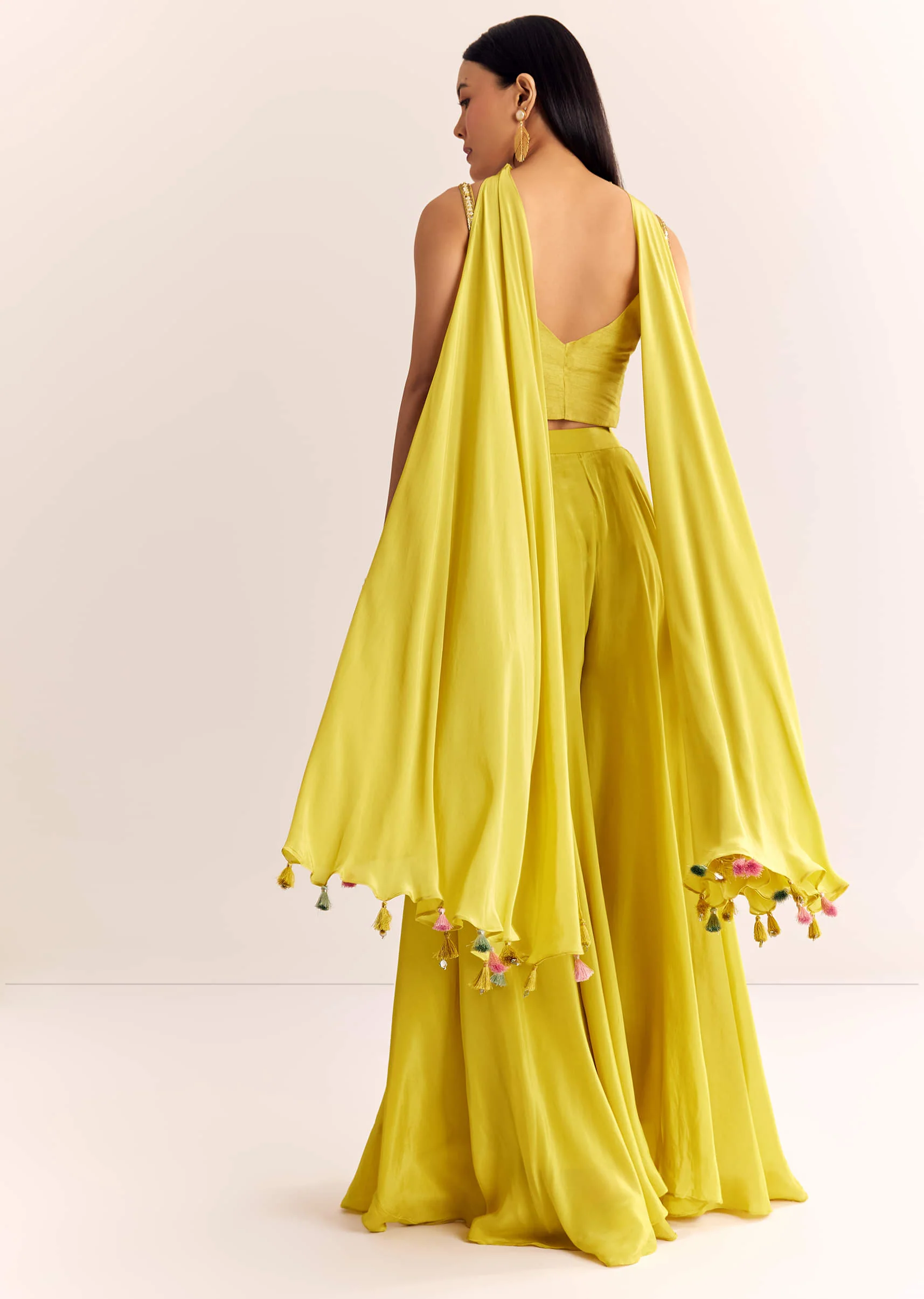 Greenish Yellow Crepe Croptop Dupatta And Palazzo Suit With Resham Zardosi Work - Image 5