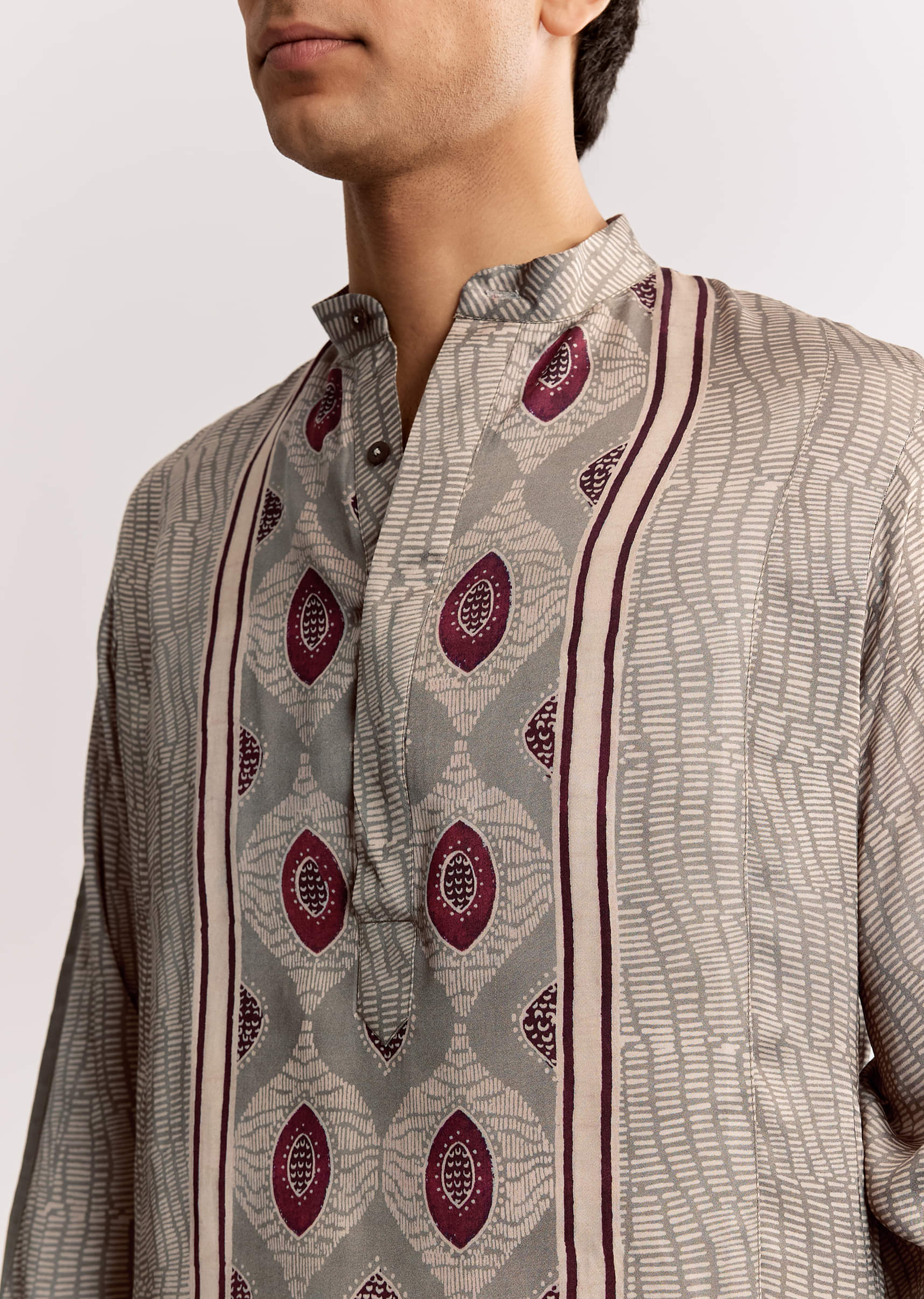 Grey Ajrakh Printed Kurta Set In Silk - Image 3