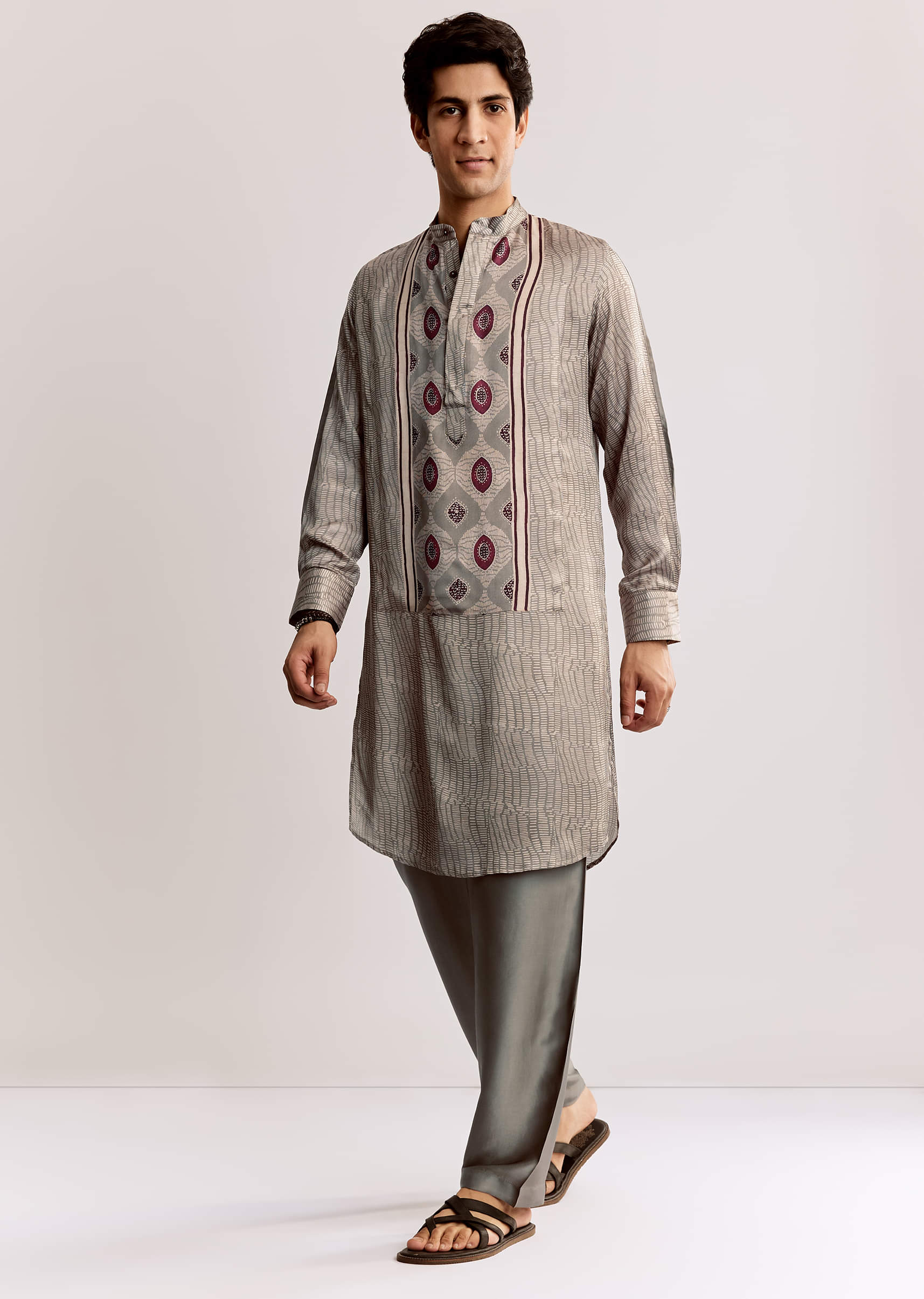 Grey Ajrakh Printed Kurta Set In Silk - Image 4
