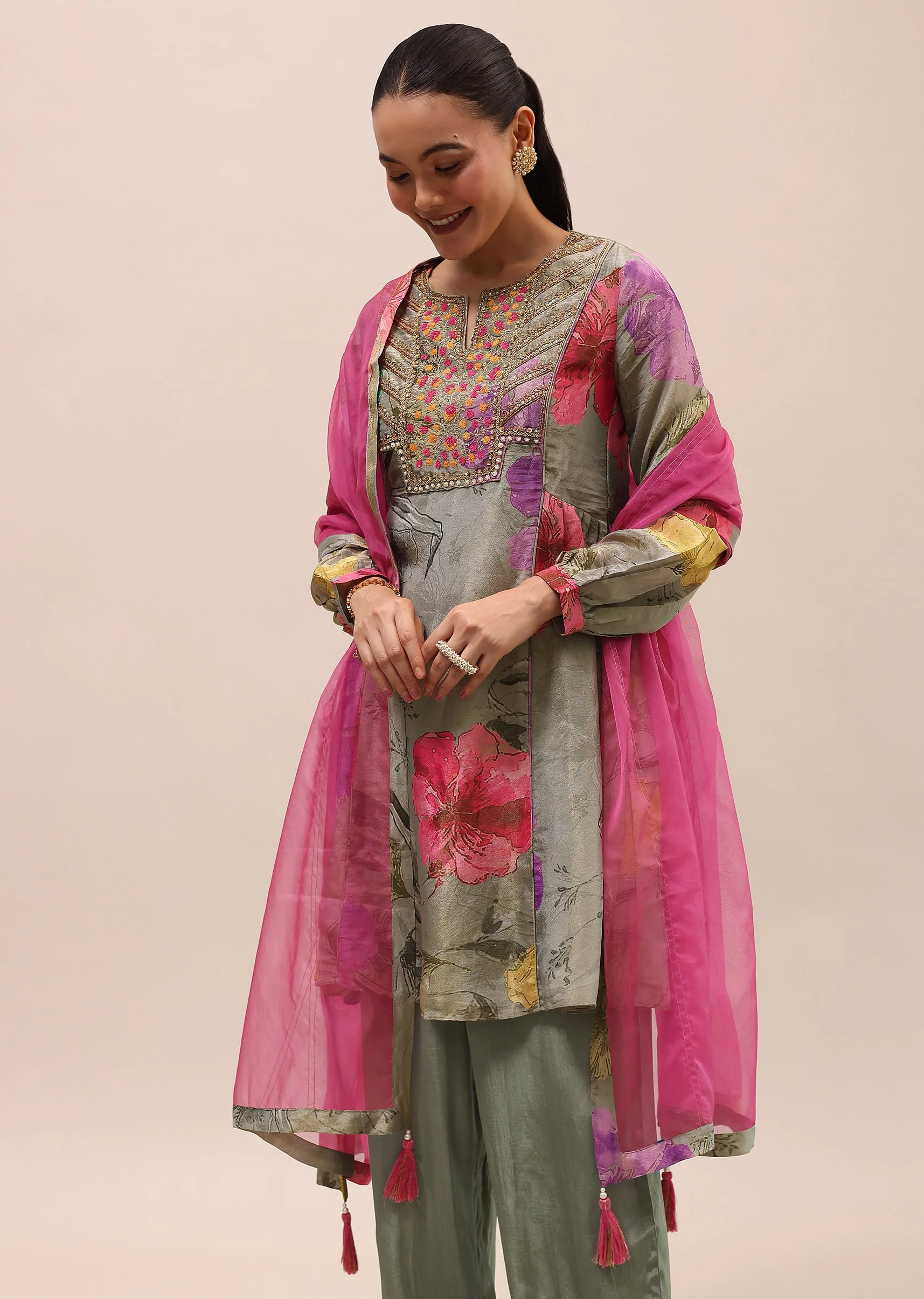Grey And Pink Embroidered Kurta And Salwar With Dupatta - Image 4