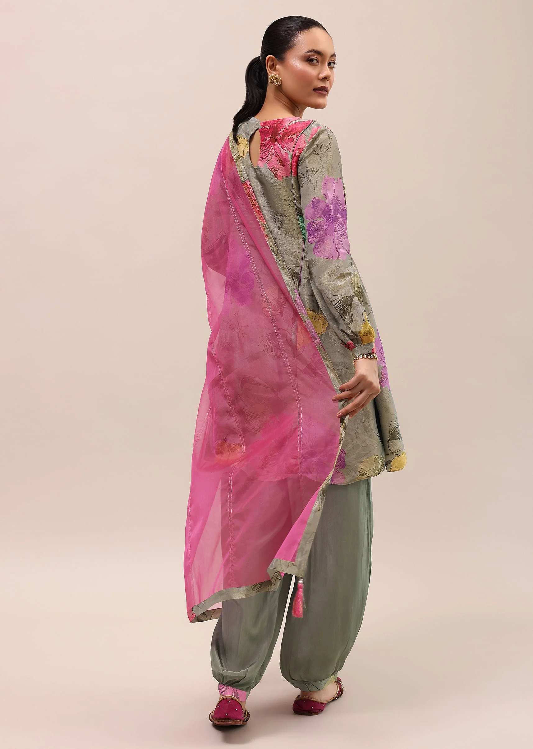 Grey And Pink Embroidered Kurta And Salwar With Dupatta - Image 5