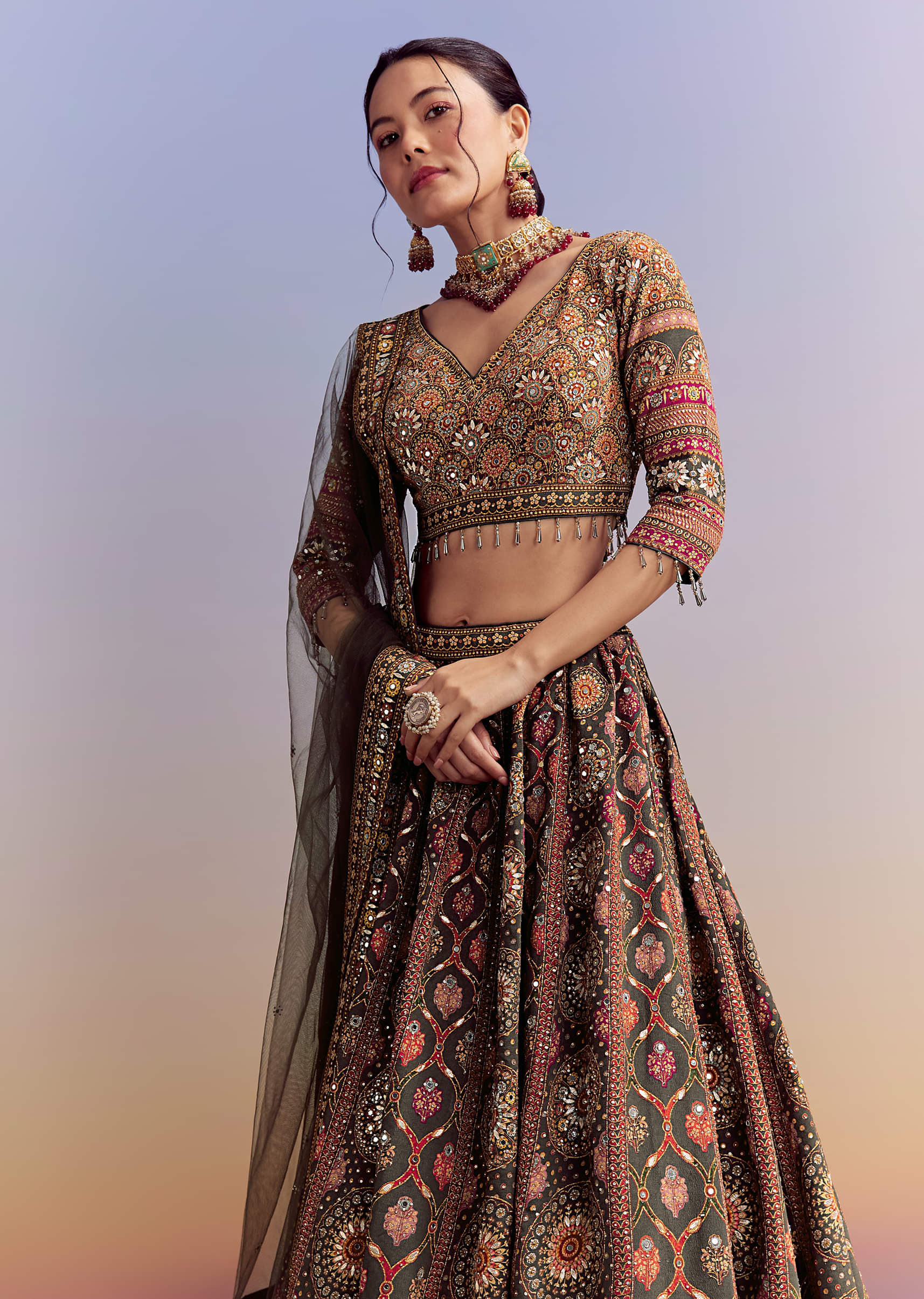 Grey And Red Crepe Printed Bridesmaid Lehenga With Heavy Embroidery - Image 5