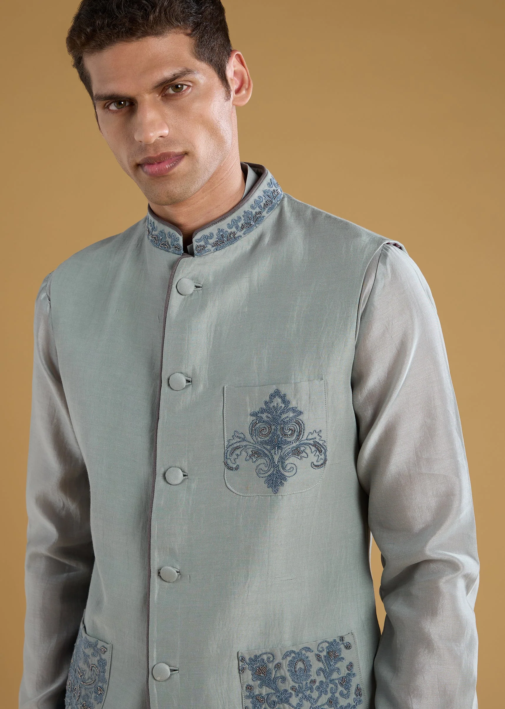 Grey Chanderi Silk Embroidered Mens Jacket Kurta Set - Image 2