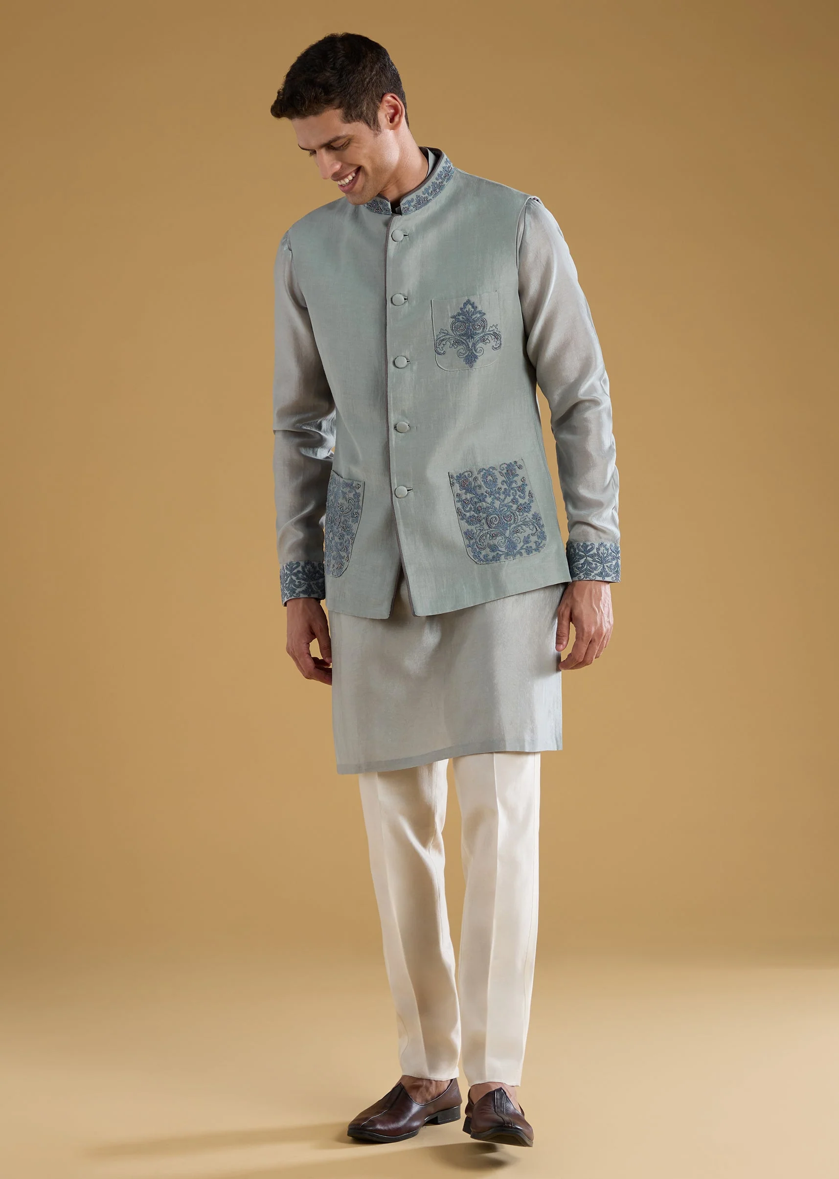 Grey Chanderi Silk Embroidered Mens Jacket Kurta Set - Image 3
