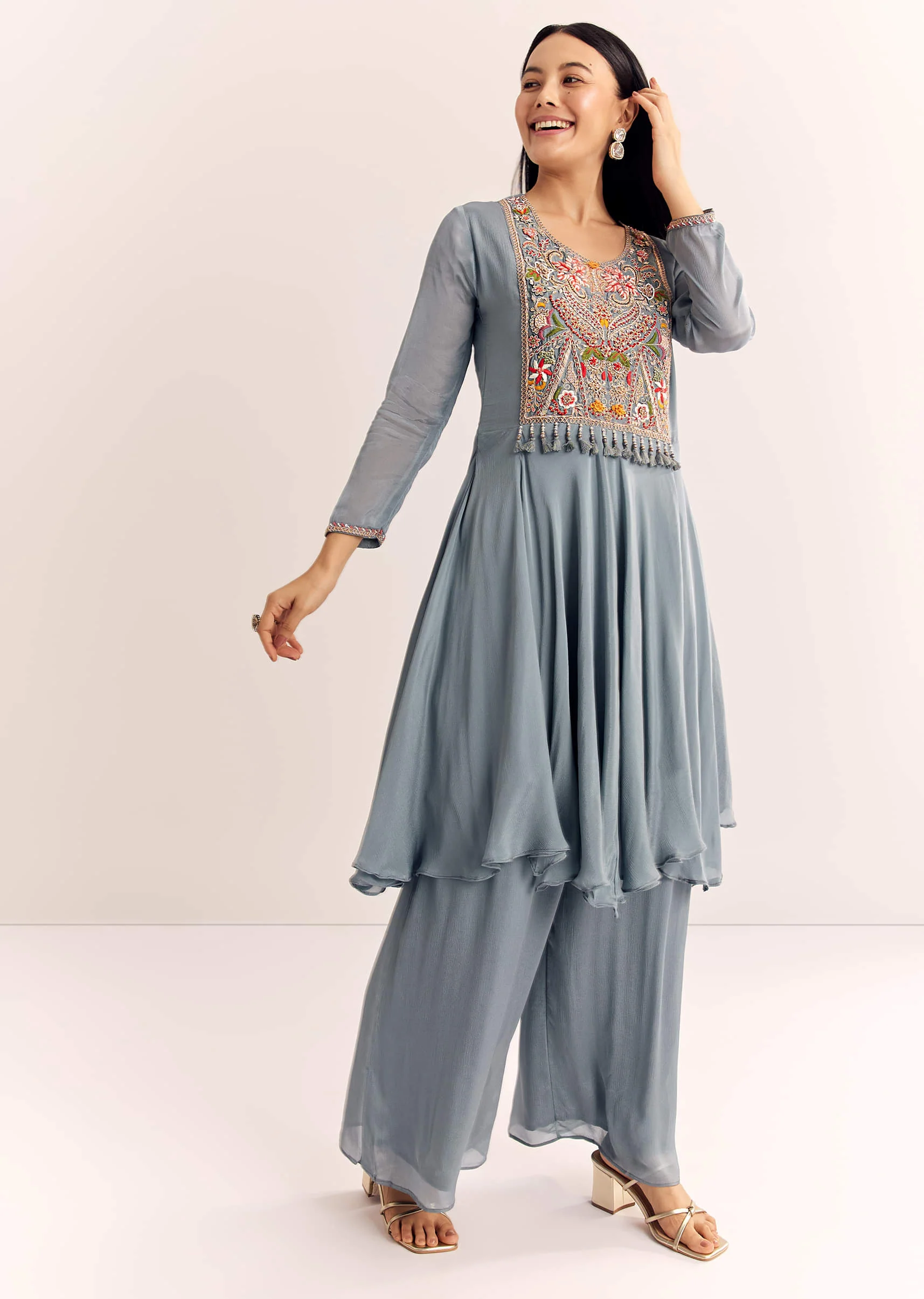 Grey Chinon Zardosi Kurta Palazzo Suit - Image 2