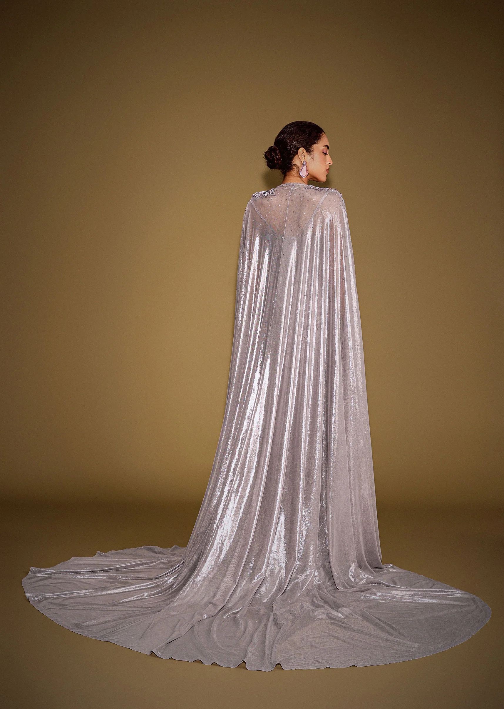 Grey Corset Drape Gown Paired With Embroidered Cape - Image 5