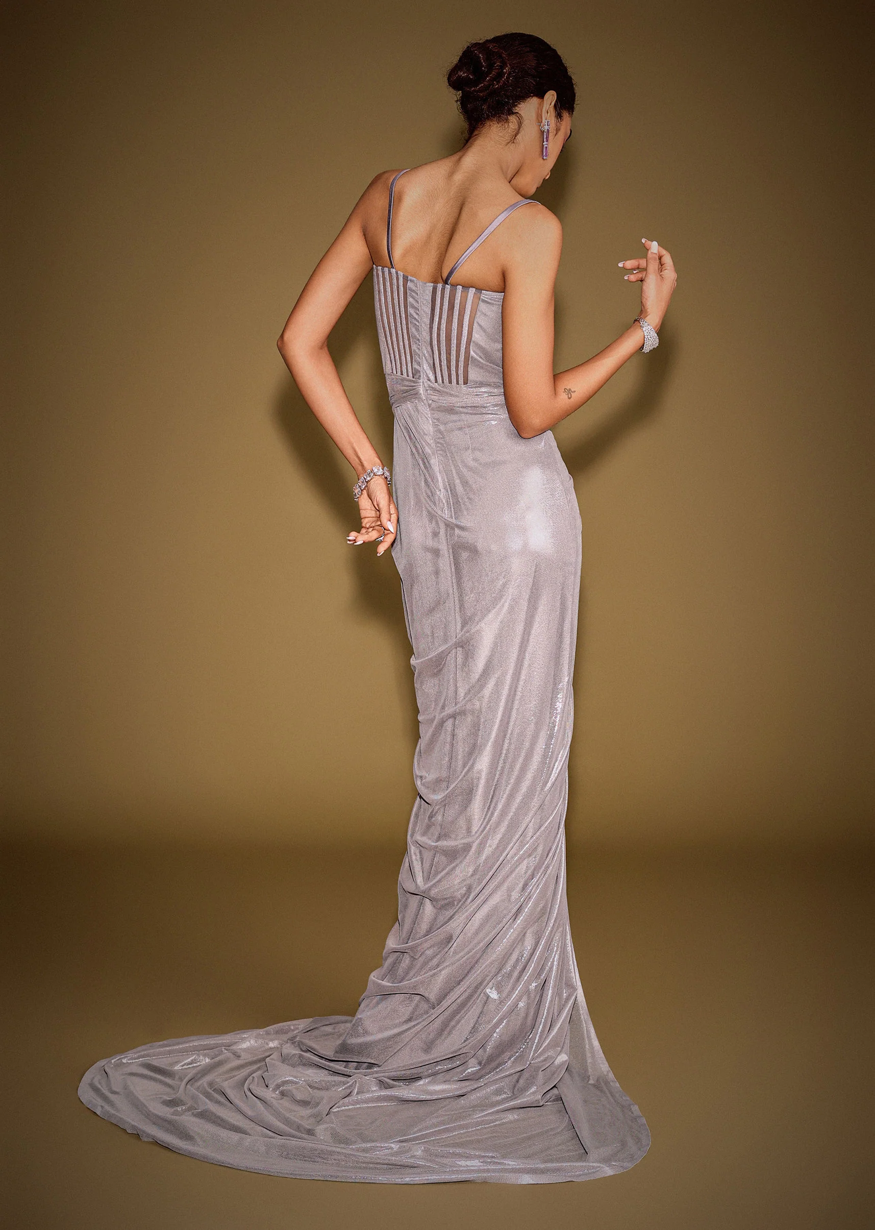 Grey Corset Drape Gown Paired With Embroidered Cape - Image 7