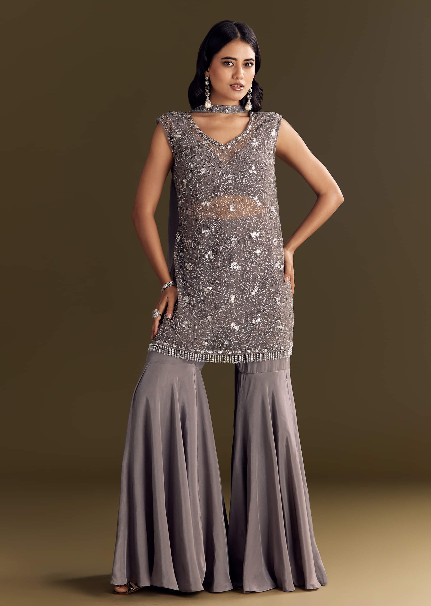 Grey Crepe Kurta Sharara With Net Choker Dupatta - Image 2