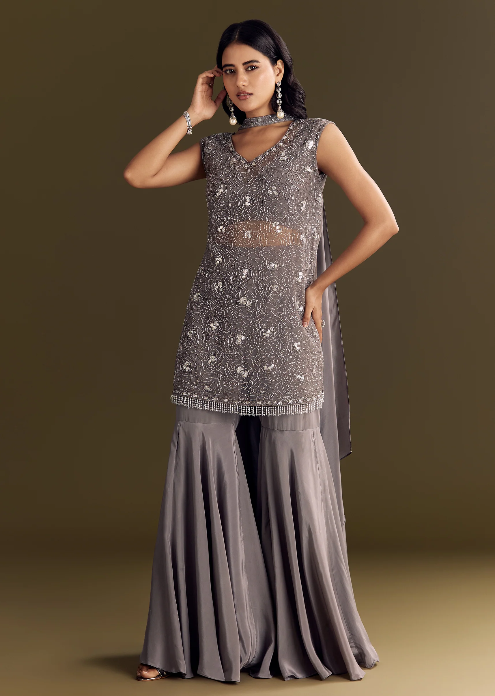 Grey Crepe Kurta Sharara With Net Choker Dupatta - Image 4
