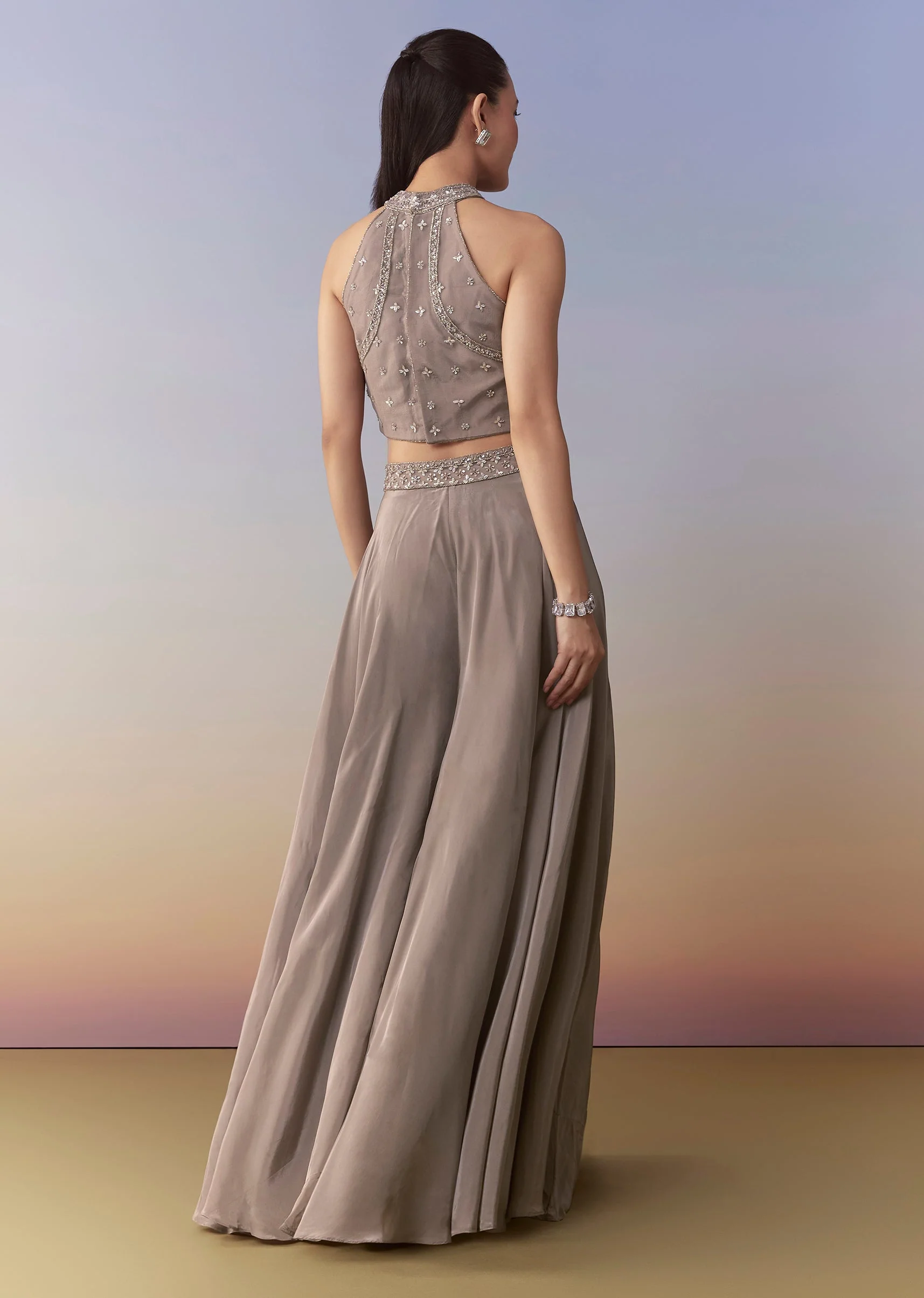 Grey Crepe Sequin Embellished Crop Top Palazzo Set - Image 5