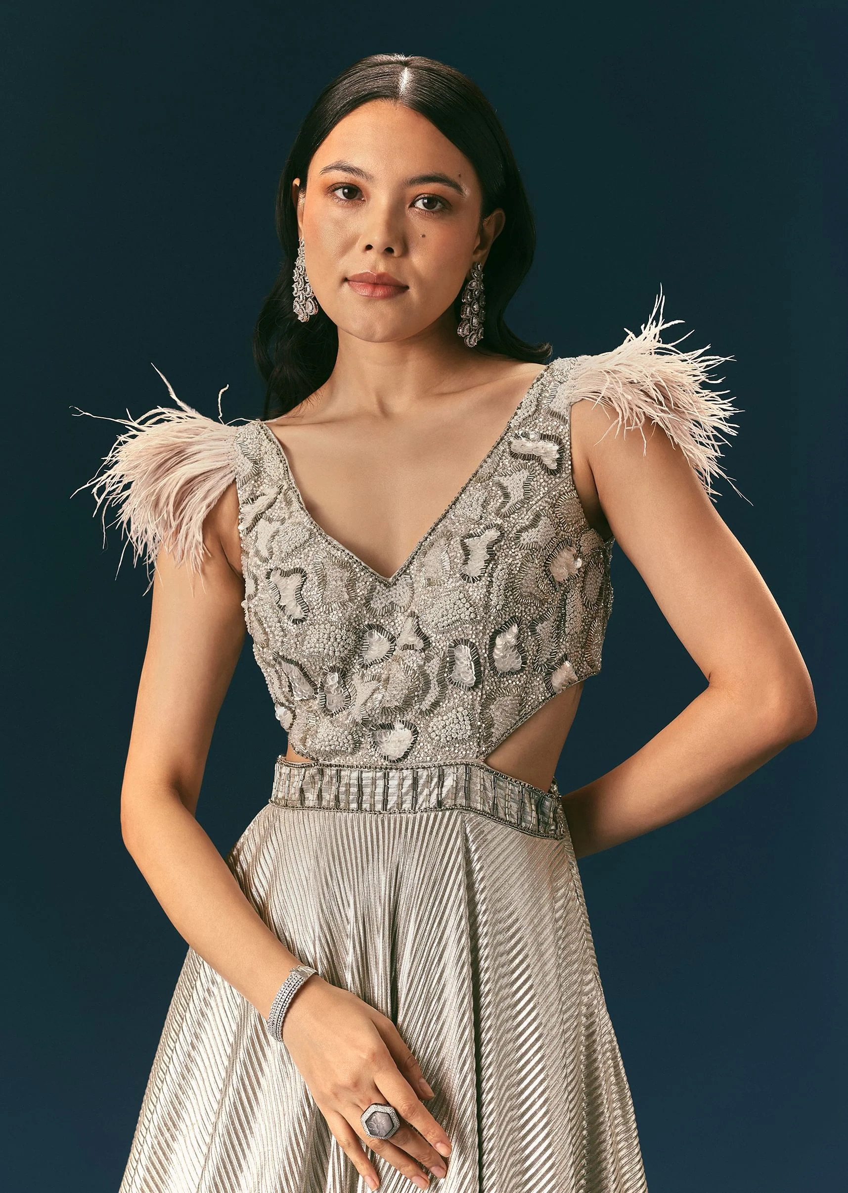 Grey Crushed Flared Gown With Hand Embroidery - Image 4