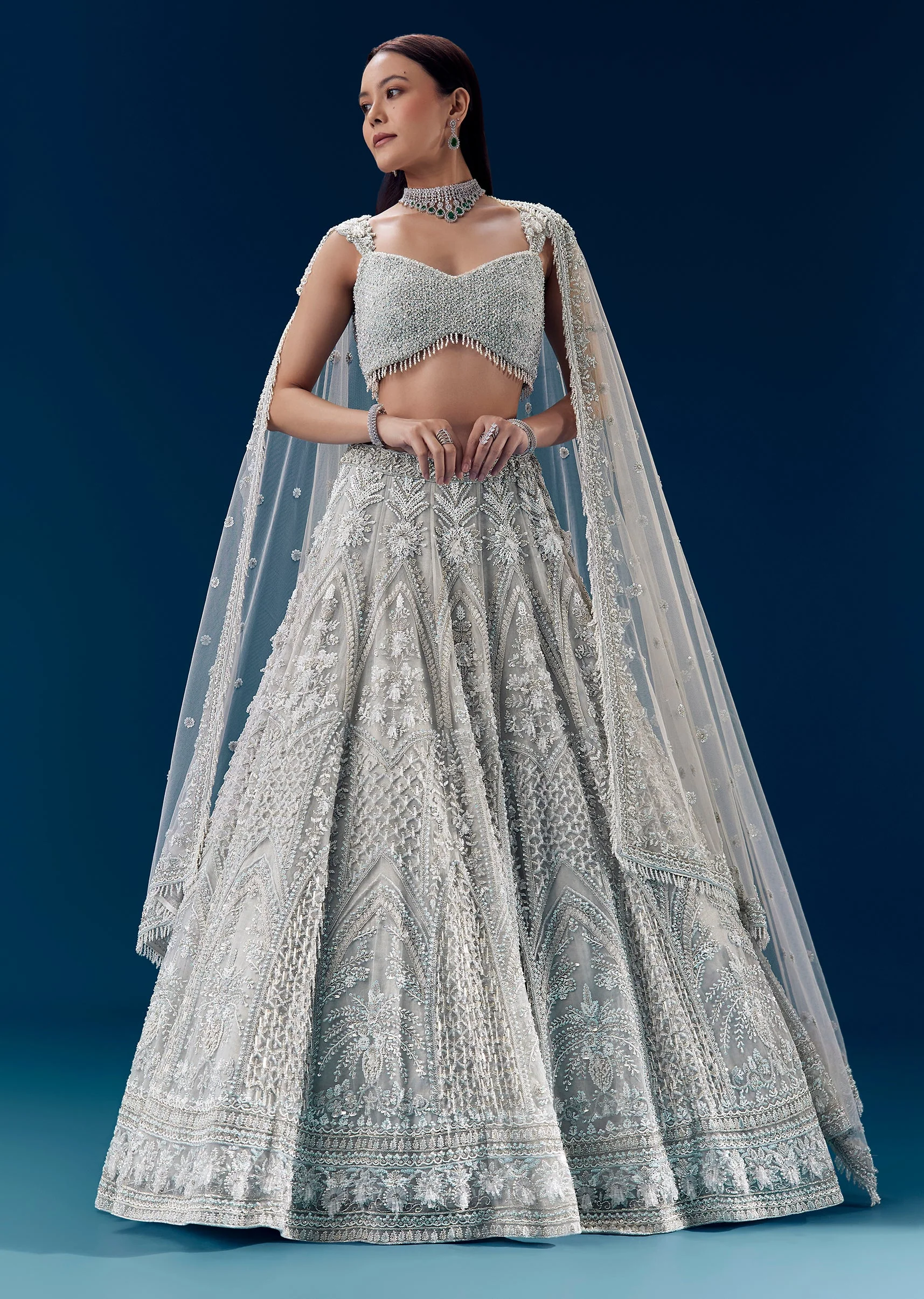 Grey Crystal Embellished Bridal Lehenga Set