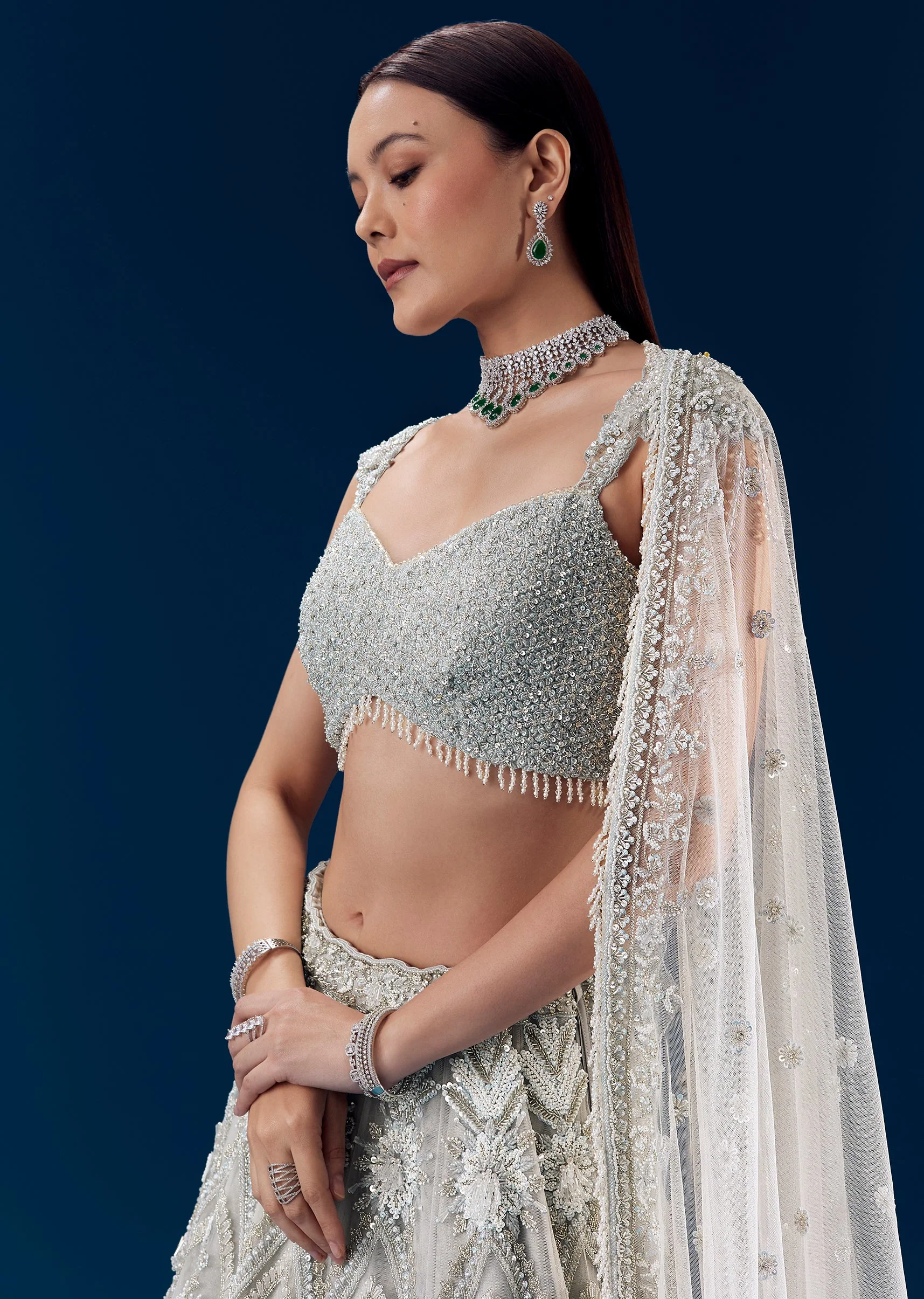 Grey Crystal Embellished Bridal Lehenga Set - Image 3