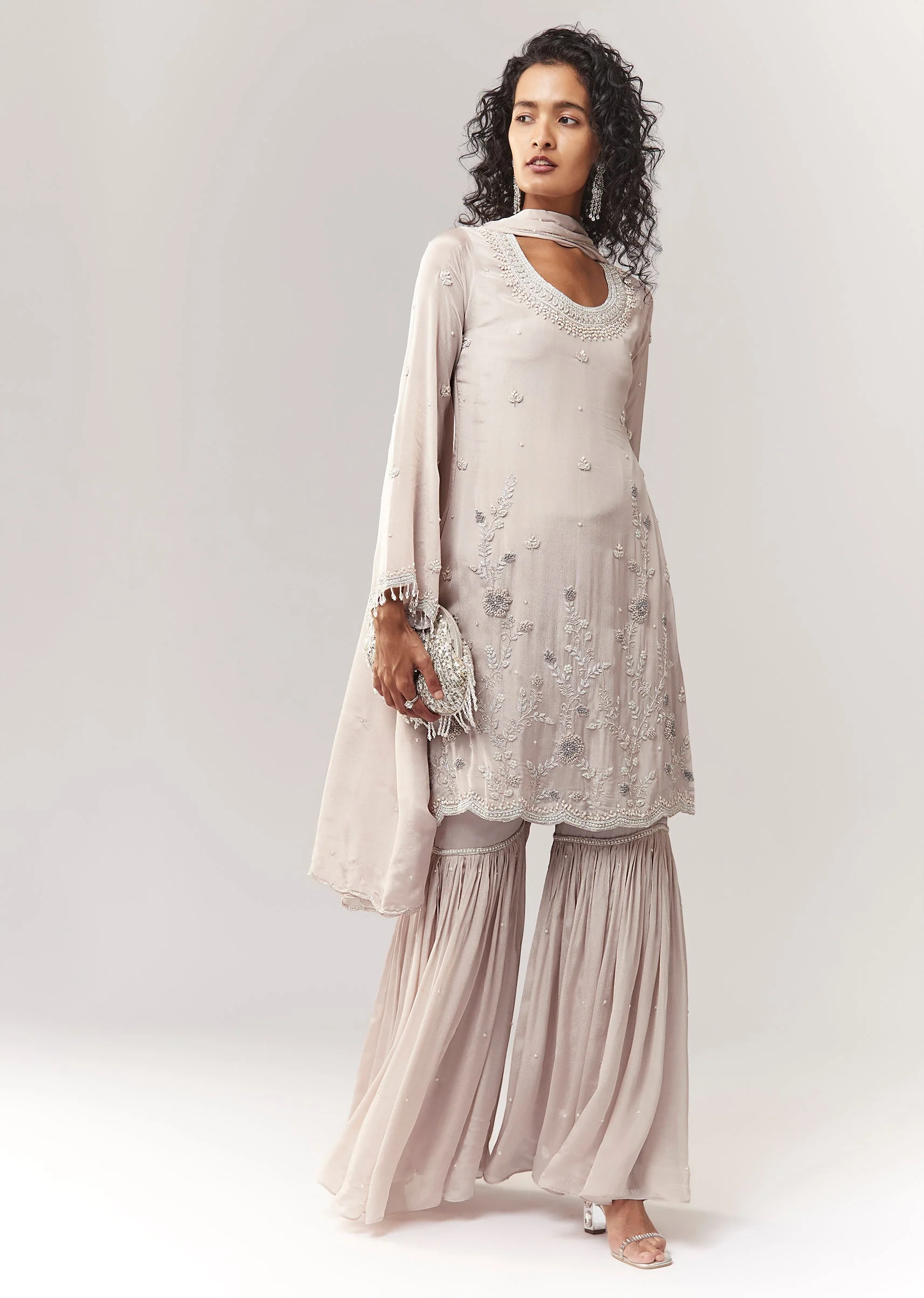 Grey Cutdana And French Knot Kurta Sharara Set With Dupatta - Image 3