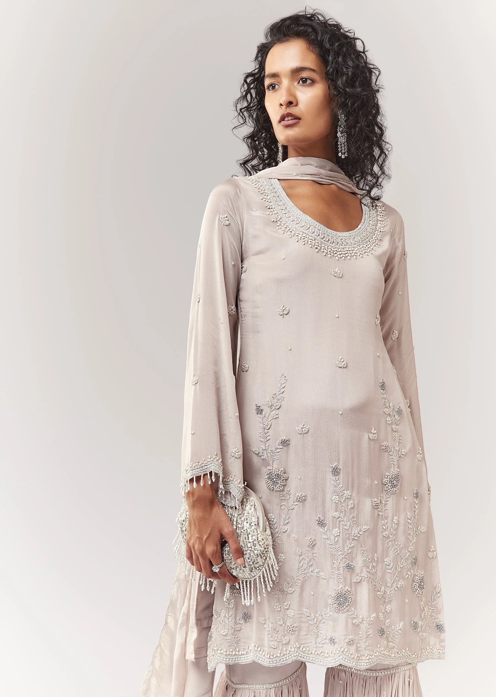 Grey Cutdana And French Knot Kurta Sharara Set With Dupatta - Image 4